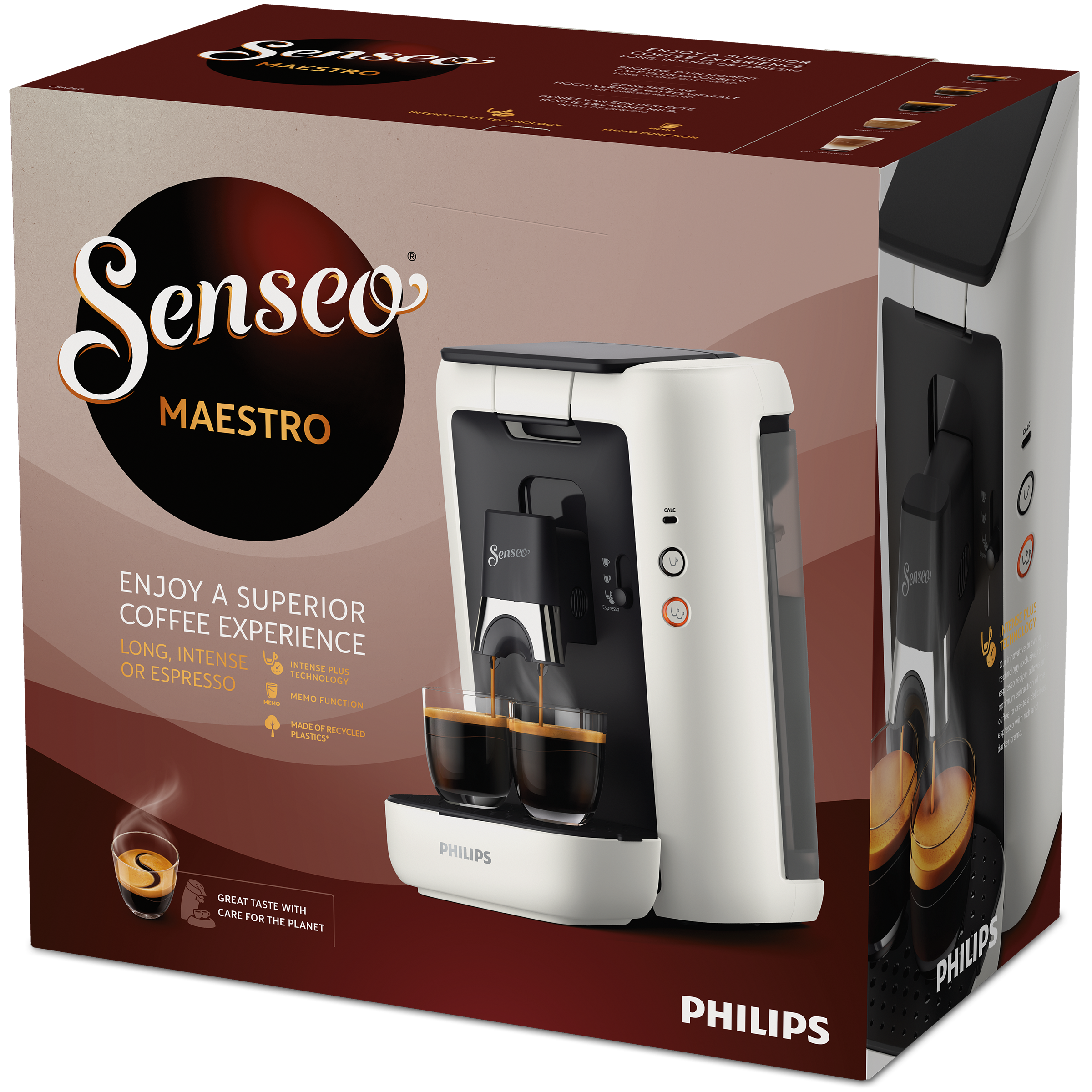 Ekspres do kawy w pudełku. Biało-czarna maszyna z filiżankami do kawy.