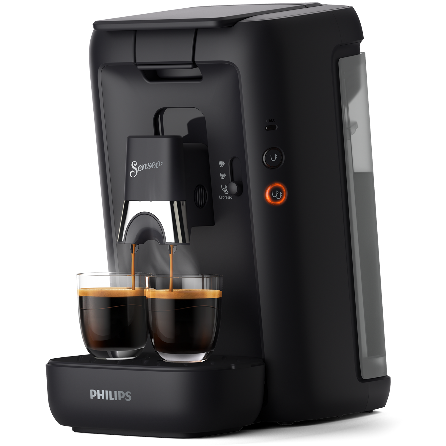 Czarny ekspres do kawy Philips z dwoma szklankami napełniającymi się świeżą kawą.