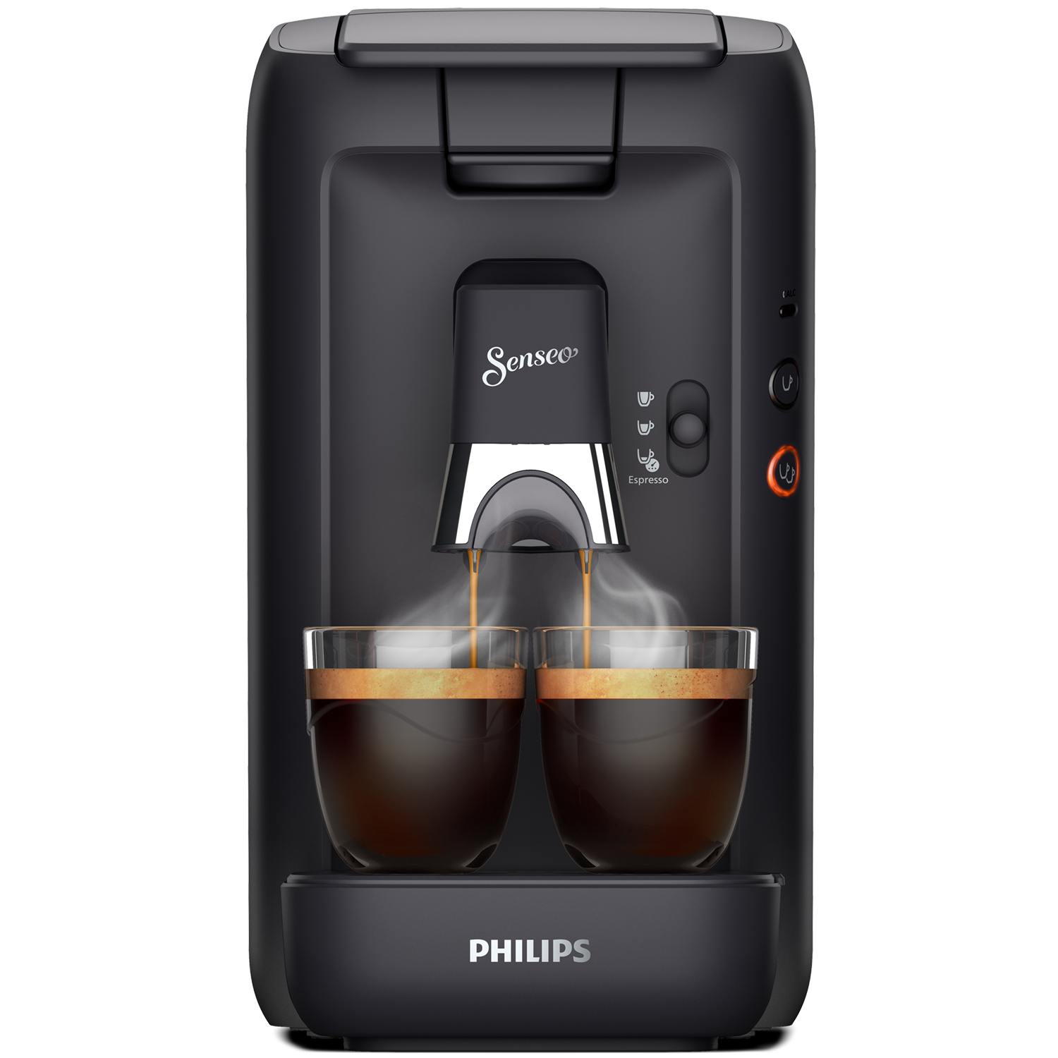 Czarny ekspres do kawy z dwiema filiżankami espresso.