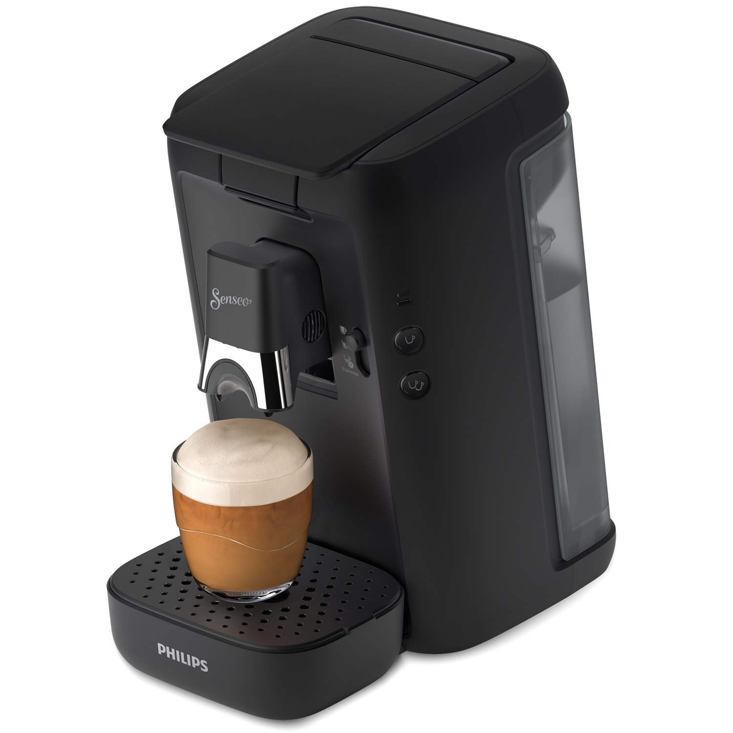 Czarny ekspres do kawy ze szklanką kawy. Marka Philips Senseo, z włożoną saszetką z kawą.