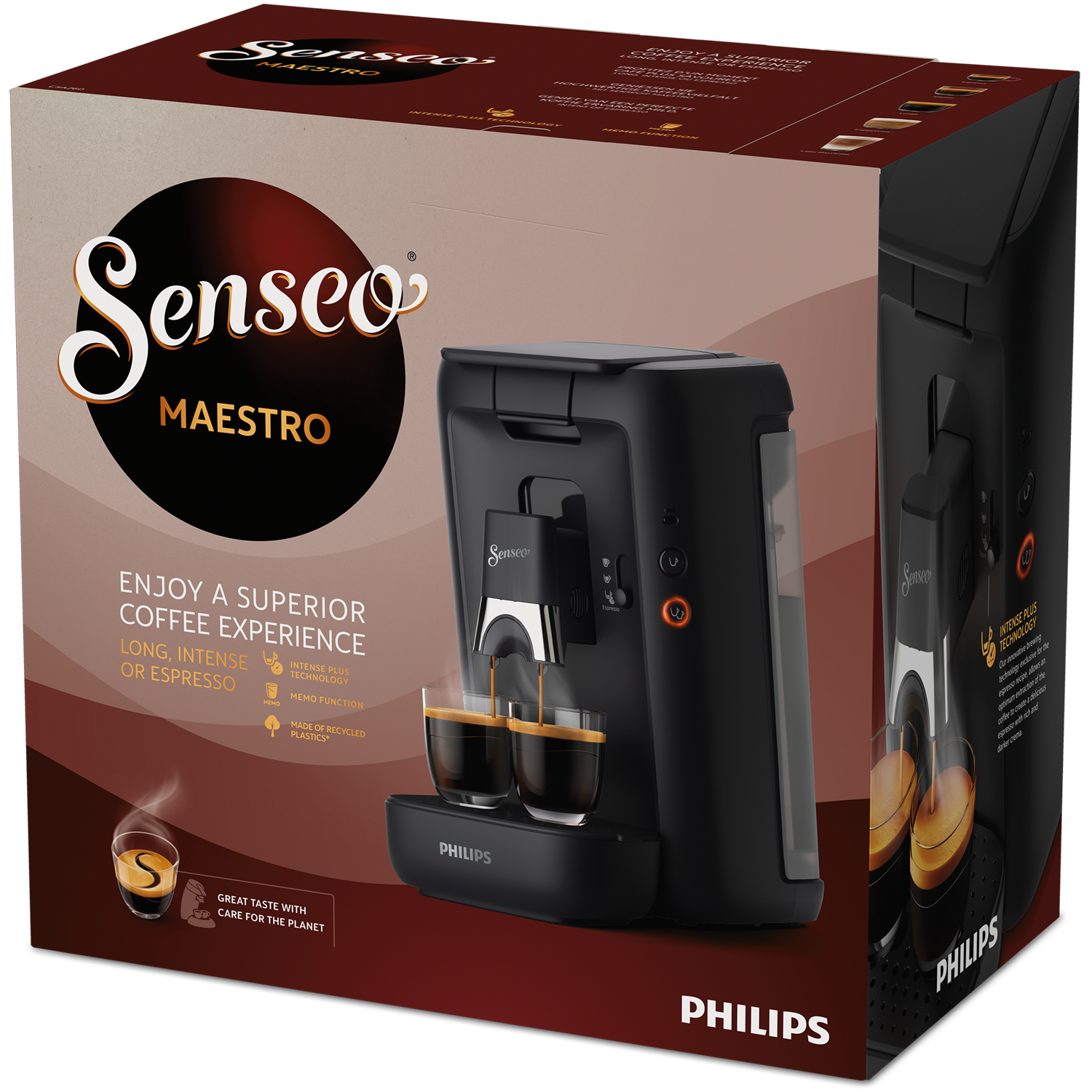 Ekspres do kawy Senseo Maestro w pudełku, z dwoma filiżankami i strumieniem kawy.