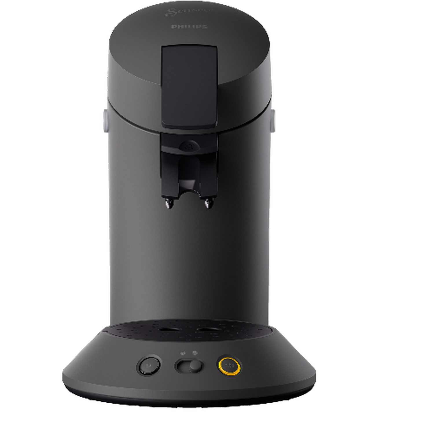 Szara ekspres do kawy Philips Senseo. Ma cylindryczny korpus i podstawę z przyciskami. Przycisk zasilania jest żółty.