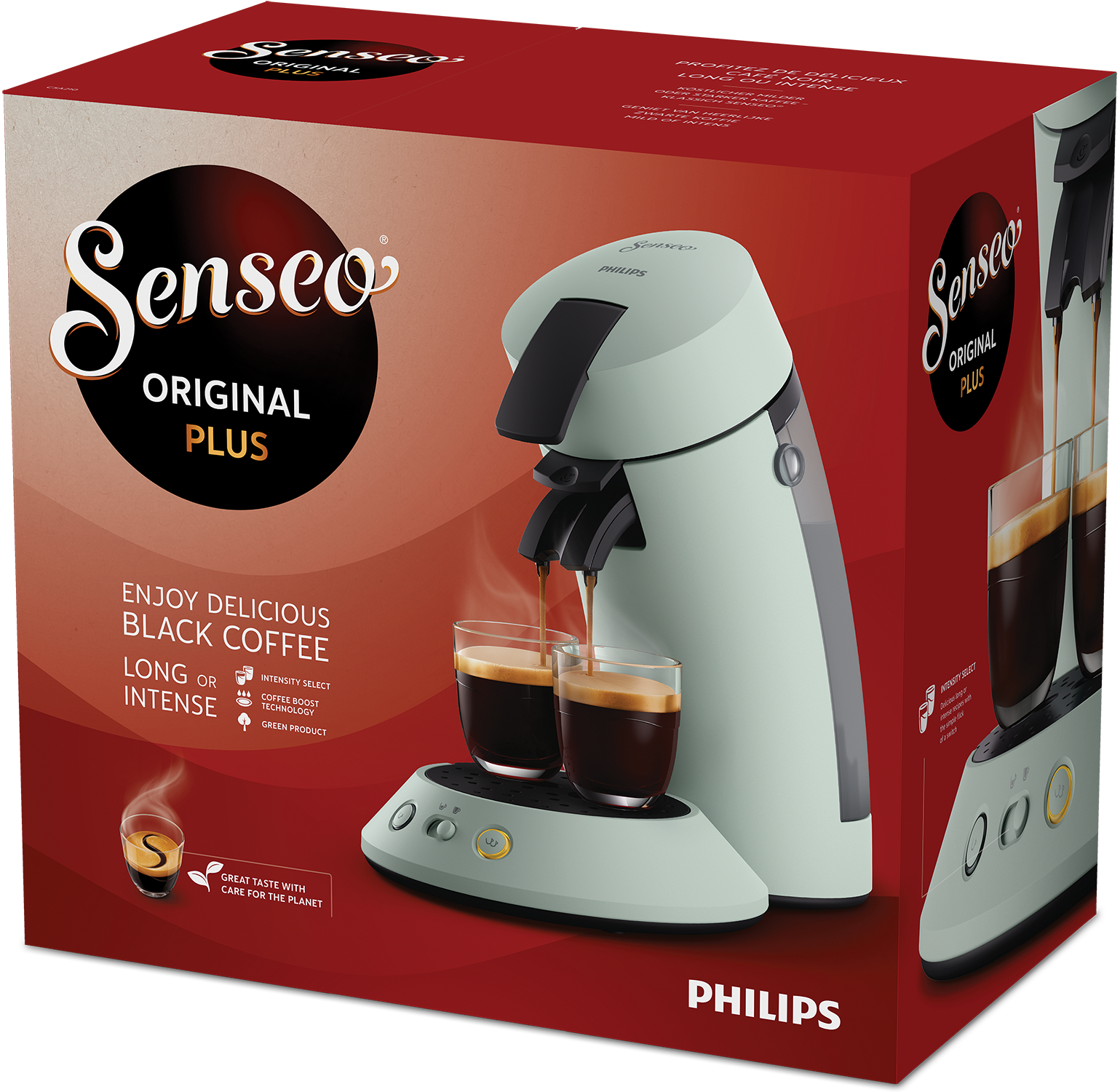 Ekspres do kawy Senseo z filiżankami. Maszyna ma miętowo-zielony kolor. Opakowanie jest czerwone.
