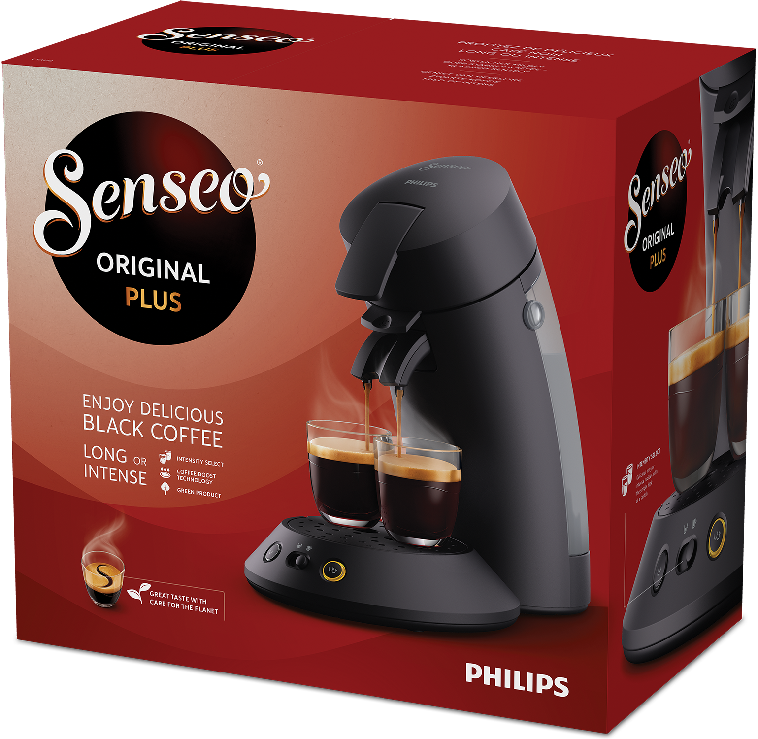 Kaffeemaschine mit roter Box, zwei Tassen und einer Kaffeepad auf schwarzer Oberfläche.