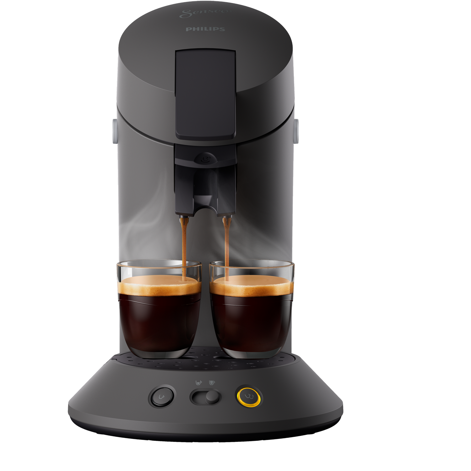 Szara ekspres do kawy Philips Senseo parzący kawę do dwóch szklanych filiżanek. Para unosi się. Maszyna ma okrągłą podstawę.