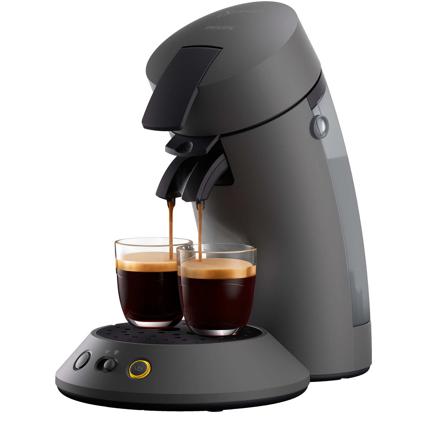 Szara maszyna do kawy z dwoma szklankami wypełnionymi kawą i czarnym tłem.