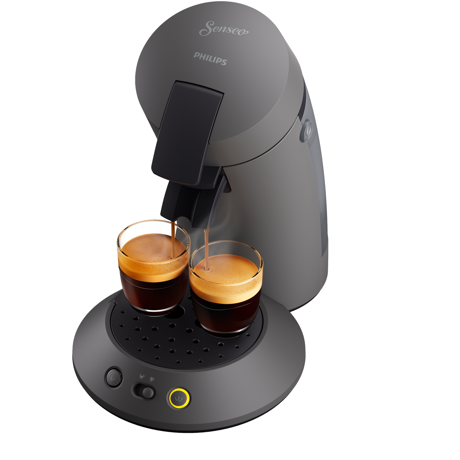 Szara ekspres do kawy Senseo Philips dozuje kawę do dwóch przezroczystych szklanek na czarnej podstawie.