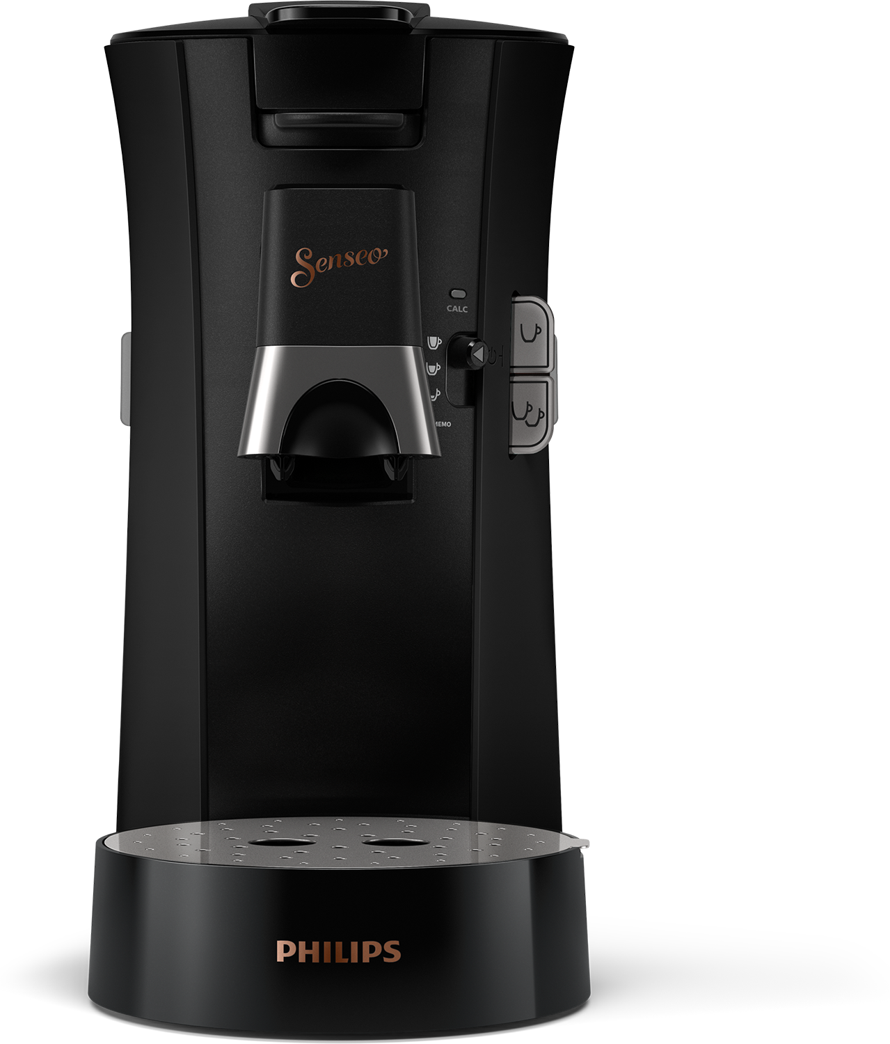 Czarny ekspres do kawy Senseo ze złotym logo Senseo i szczegółowym panelem przednim.