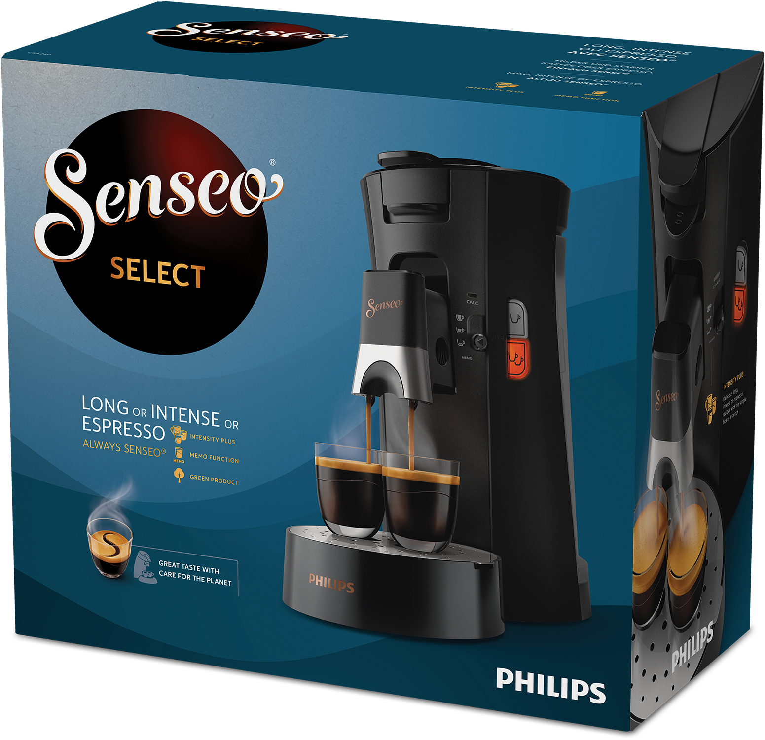 Czarny ekspres do kawy z dwoma filiżankami napełniającymi się kawą. Pudełko jest w tle.