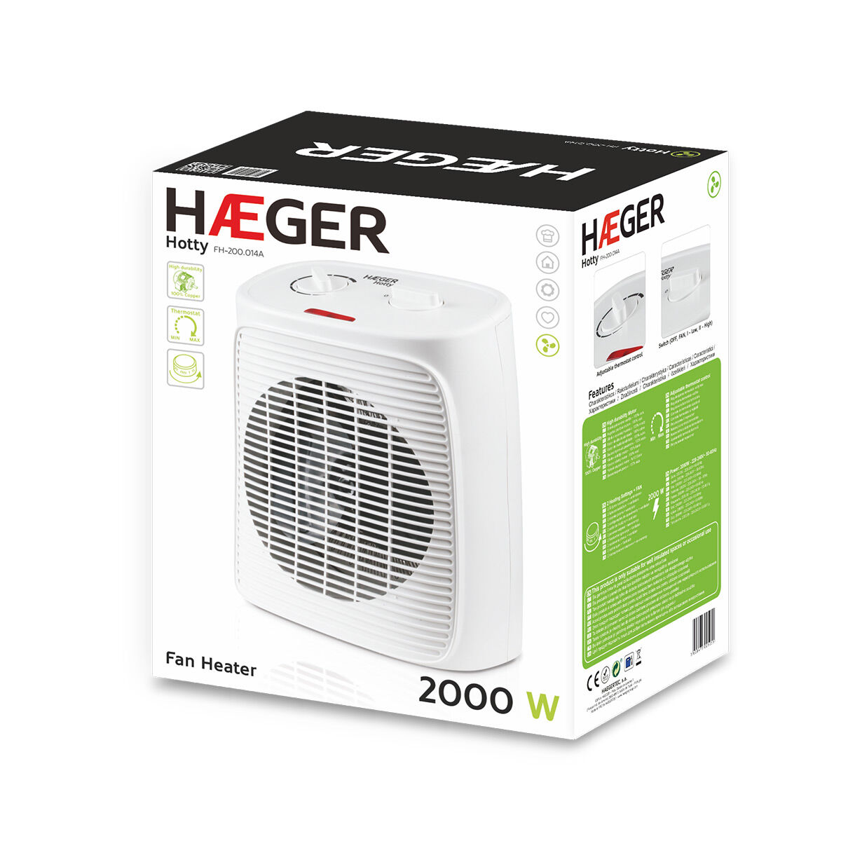 Calentador de ventilador blanco en una caja con la marca HAEGER y descripciones de funciones.