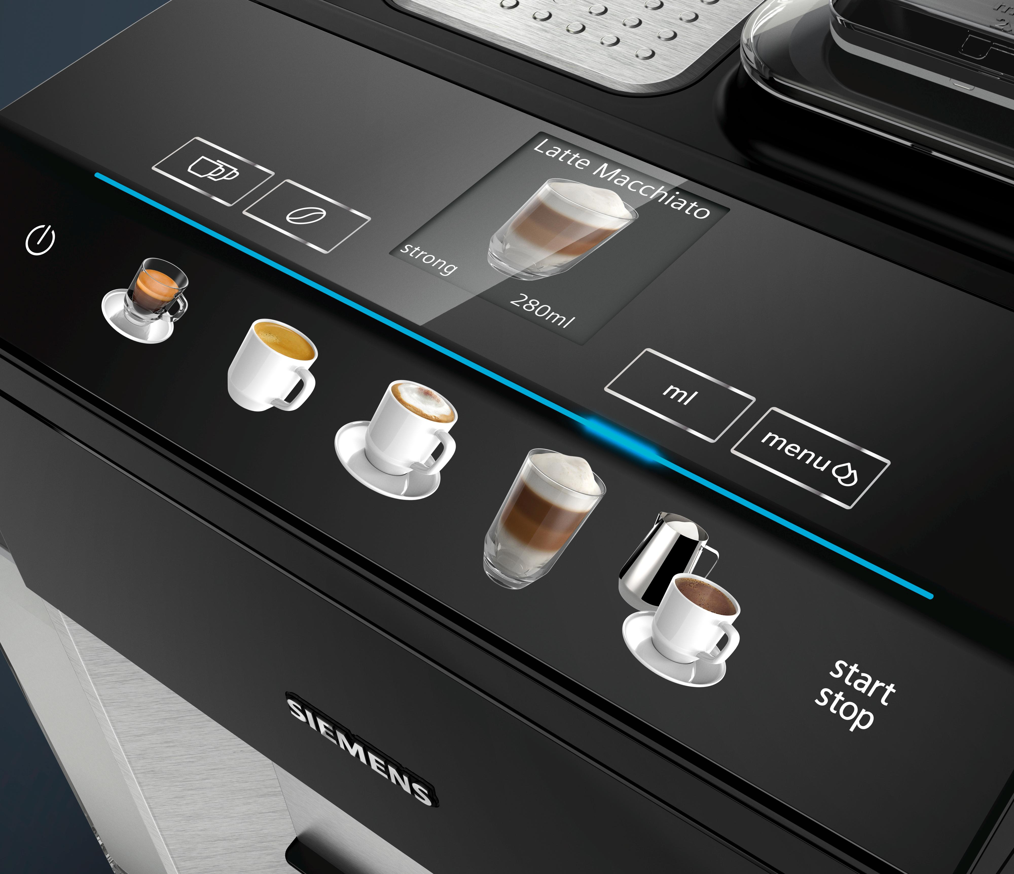 Nahaufnahme des Bedienfelds einer Kaffeemaschine. Zeigt Latte Macchiato und andere Kaffee-Icons.
