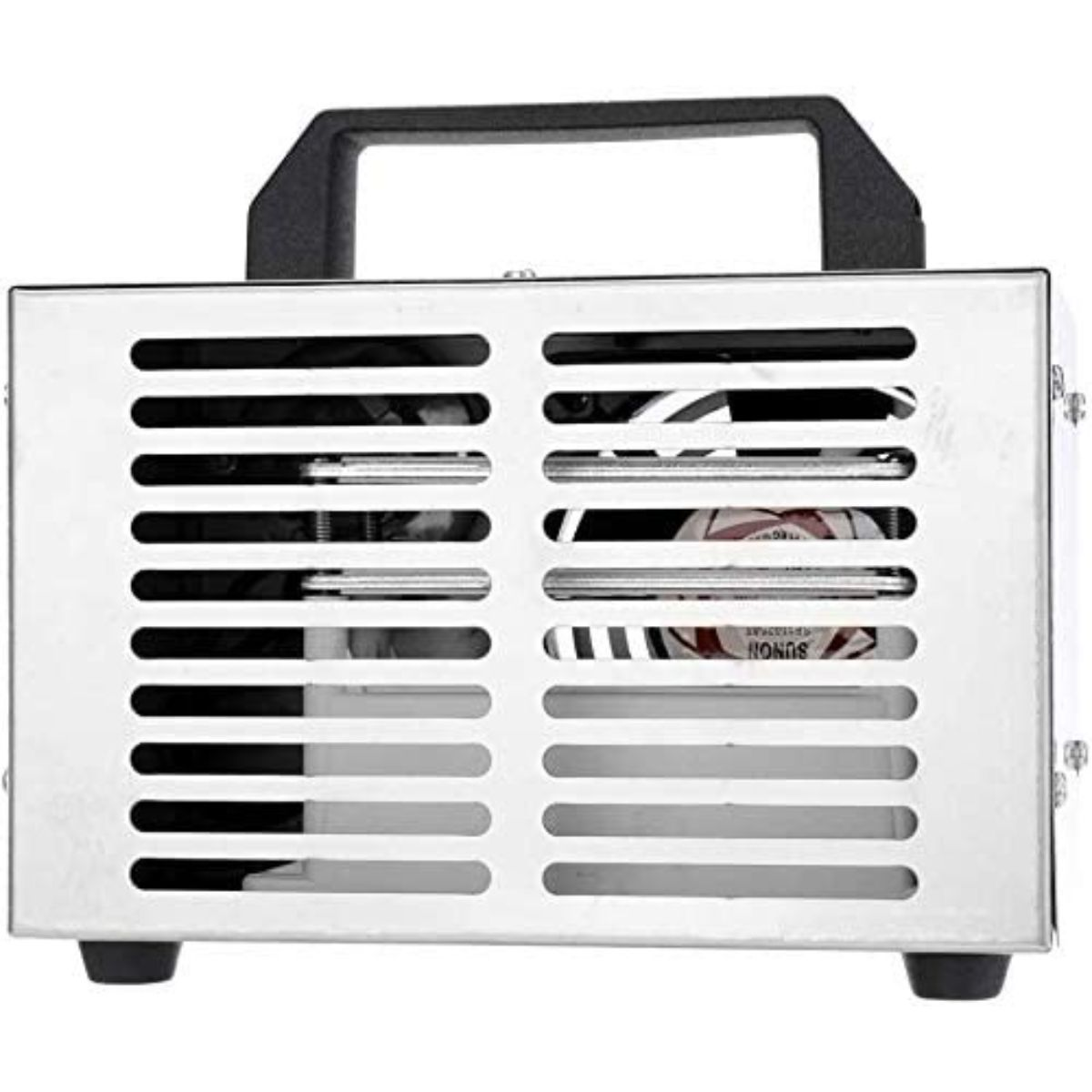 Una pequeña caja metálica con asa y ventilas, con componentes internos visibles.