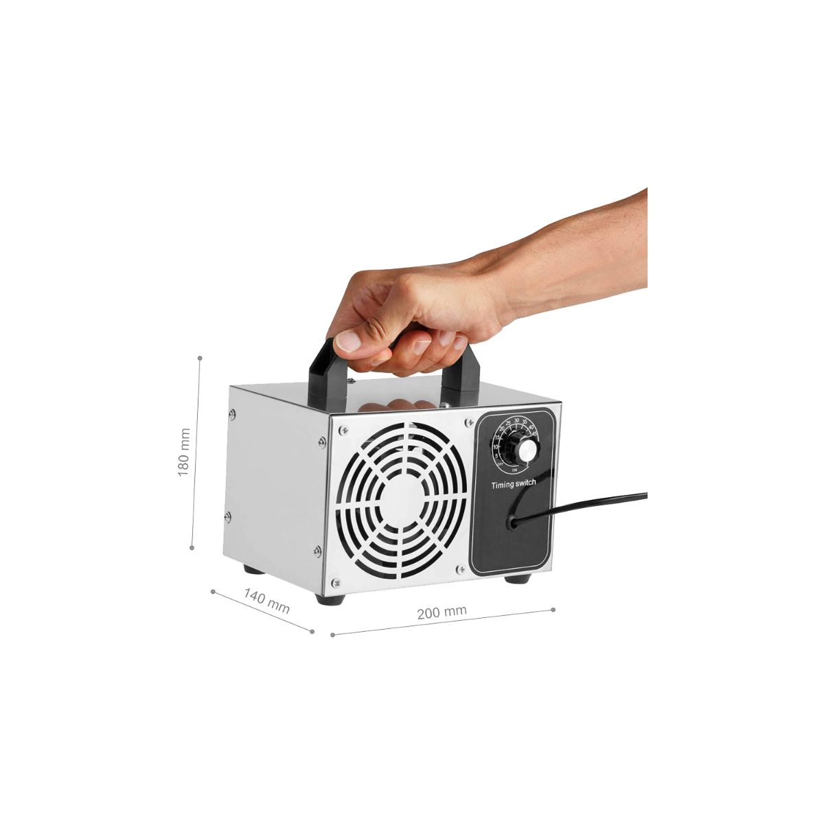 Un purificador de aire metálico con asa. Tiene un interruptor de tiempo y un cable de alimentación.