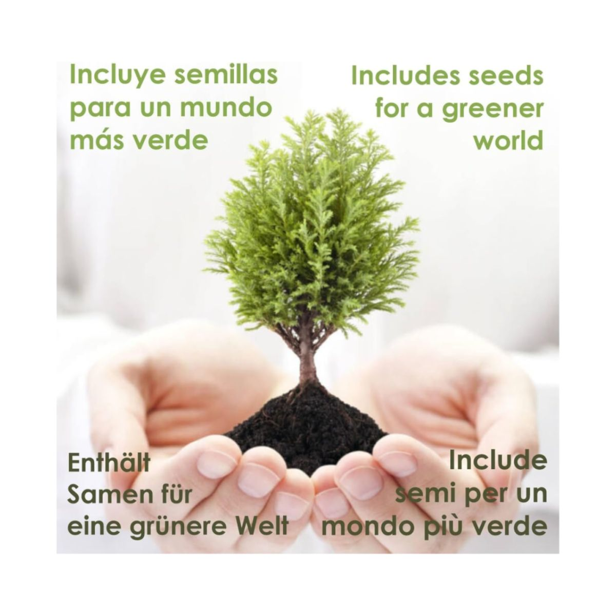 Manos sosteniendo un árbol pequeño sobre tierra oscura. Texto sobre semillas y un mundo más verde.