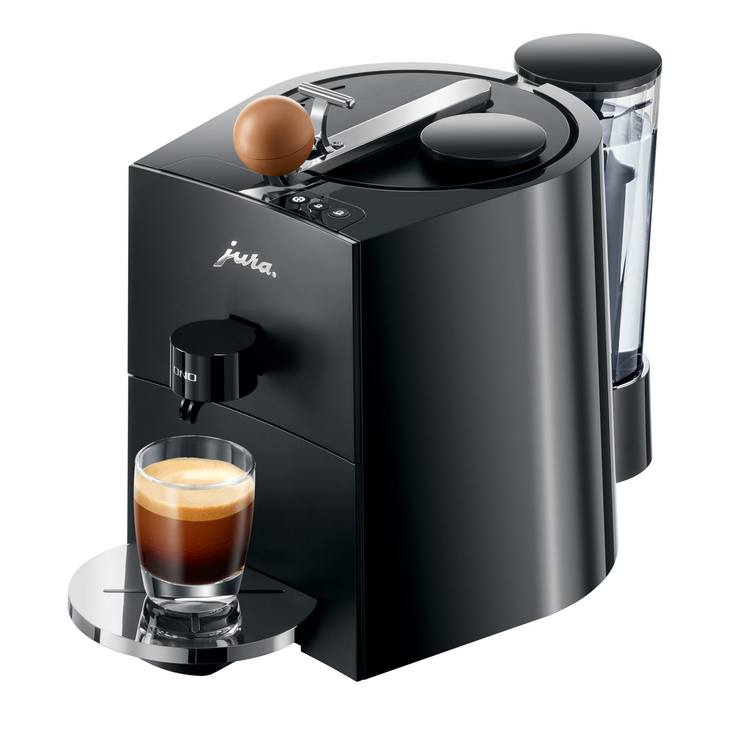 Schwarze Jura Kaffeemaschine mit Espresso-Glas.