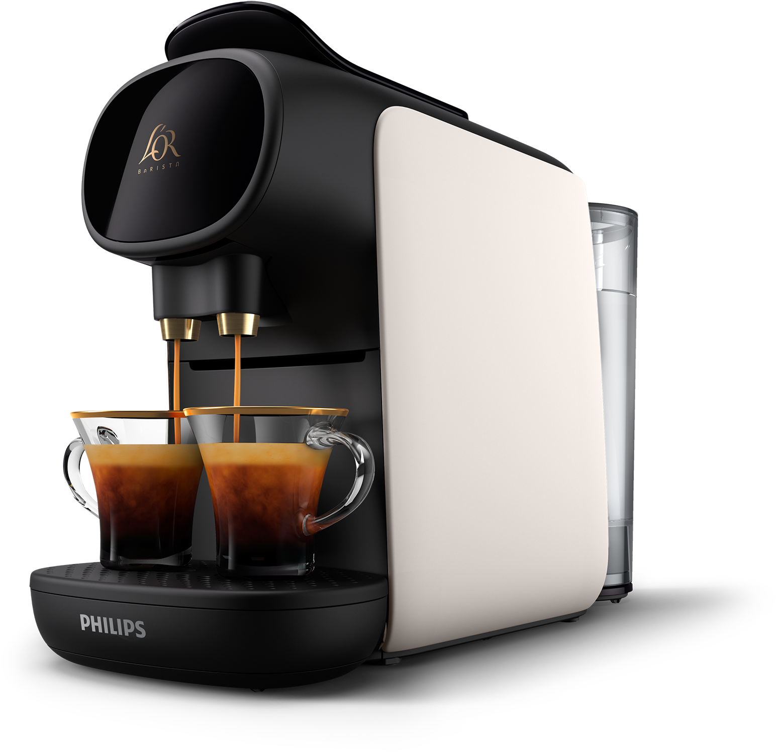 Black and white Philips L'OR Barista coffee machine. Two cups are in the front. Coffee is pouring.