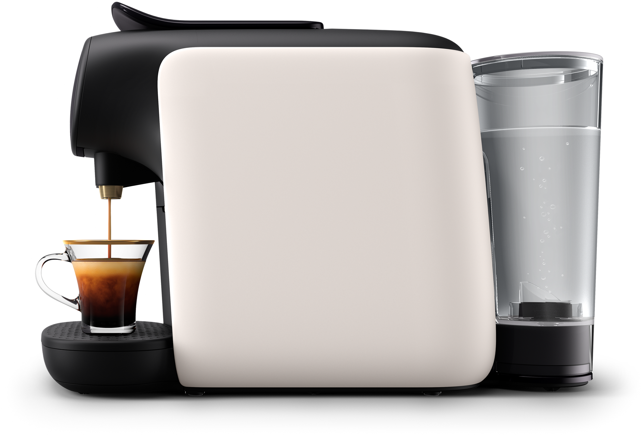 White and black coffee machine dispensing coffee into a cup.