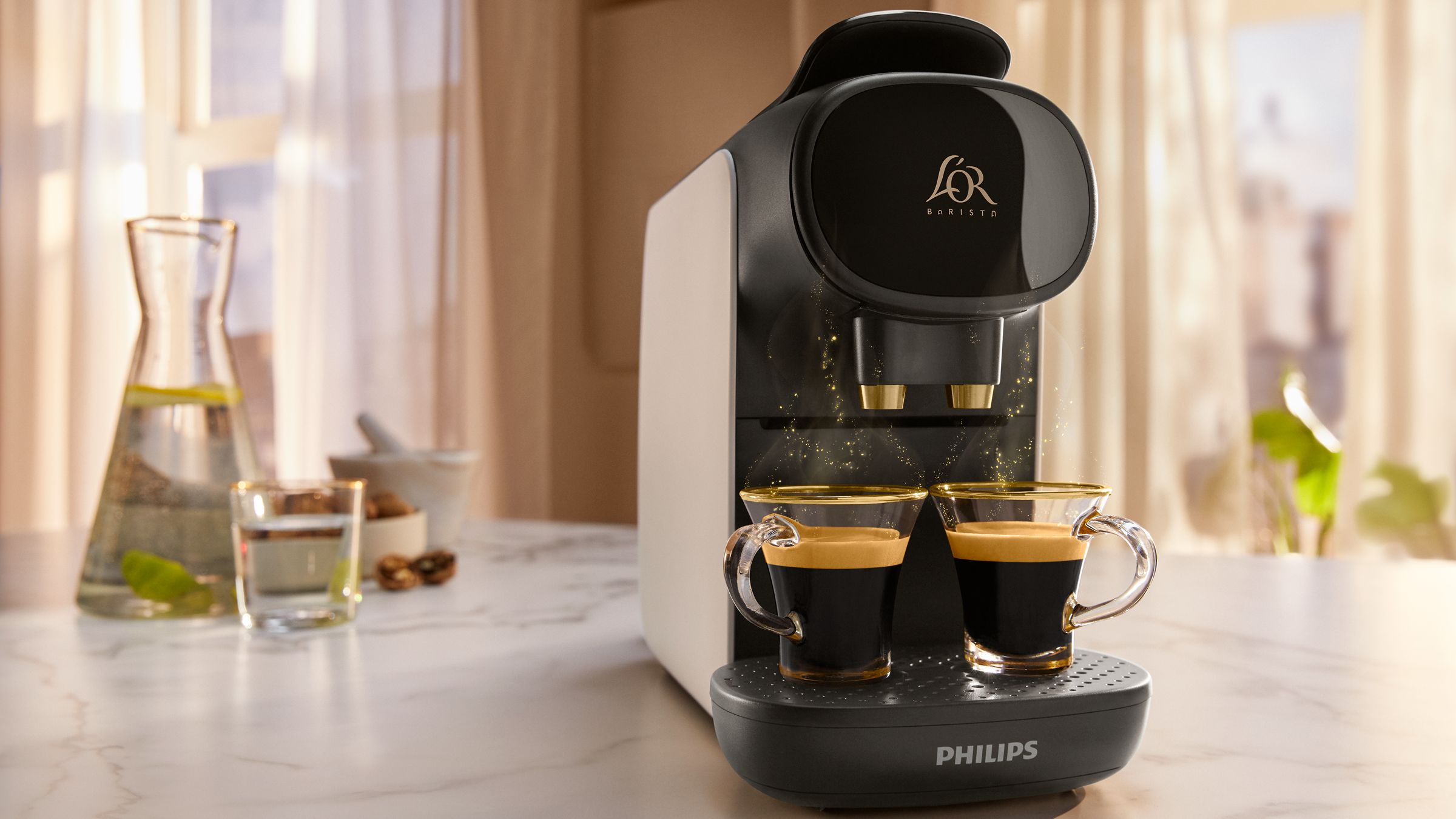 Espresso machine with two cups of coffee. Window in the background.
