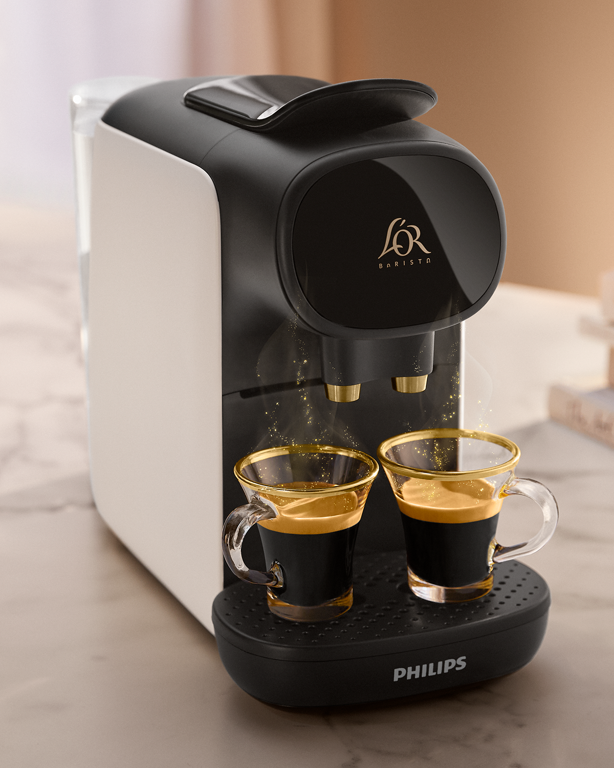 Coffee machine with two cups of coffee. Black and white design.