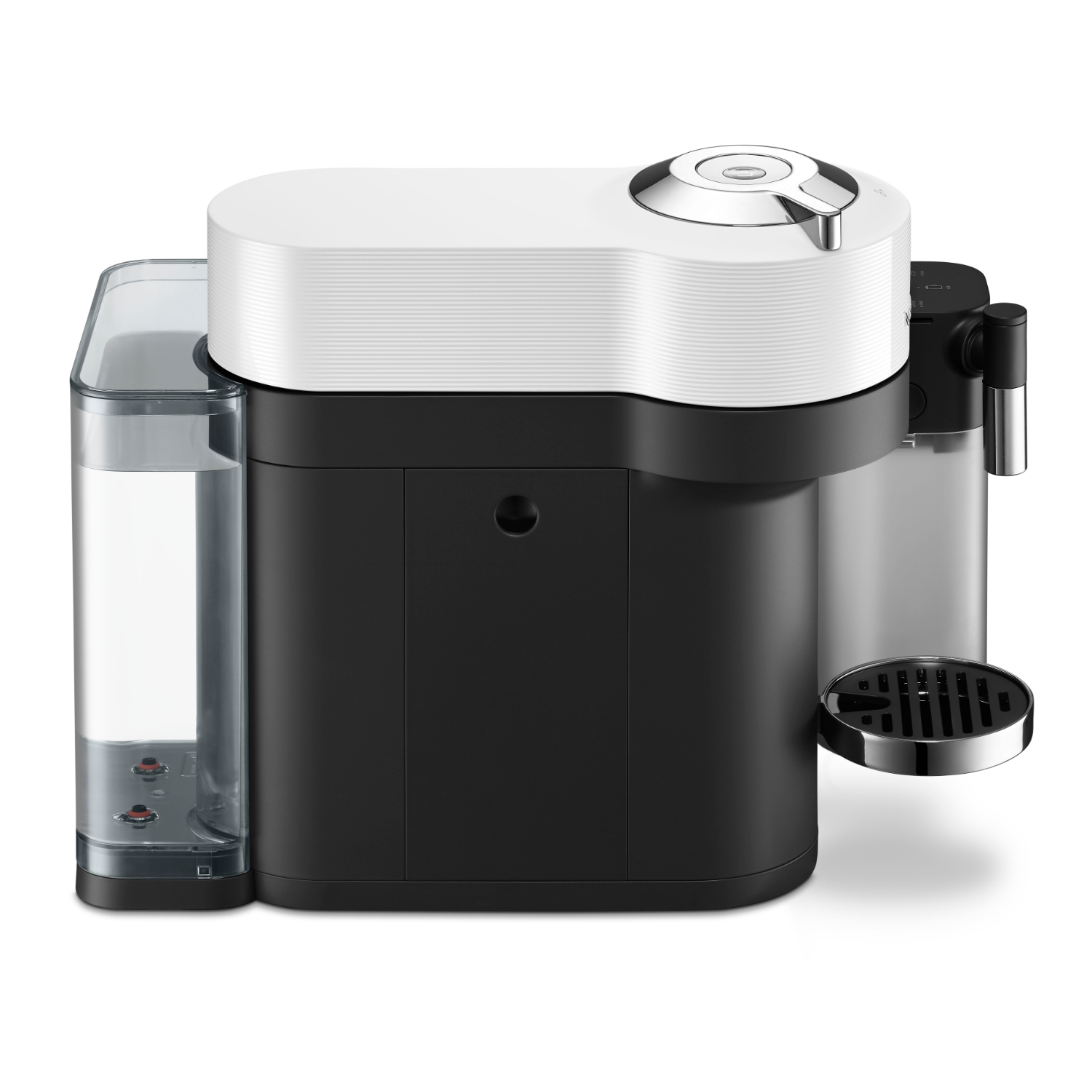 Schwarz-weiße Kaffeemaschine mit Wassertank und Tassenhalter.