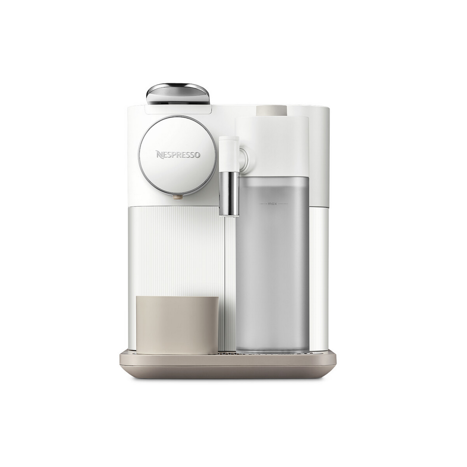 Weiße Nespresso-Maschine mit Wassertank. Das Tablett ist beige.