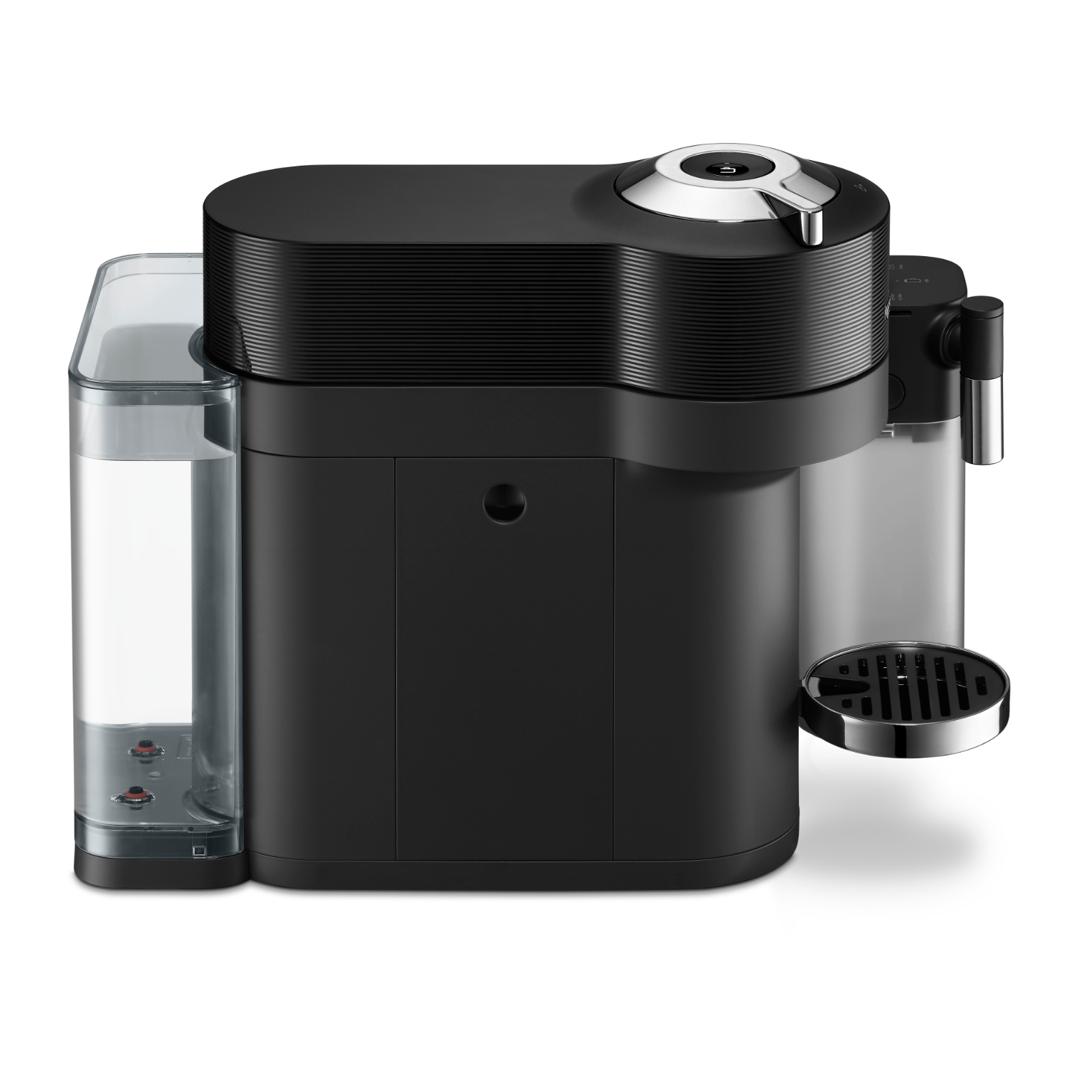 Cafetera Nespresso negra con depósito de agua. Cuenta con una boquilla cromada y controles de botón. Fondo blanco.