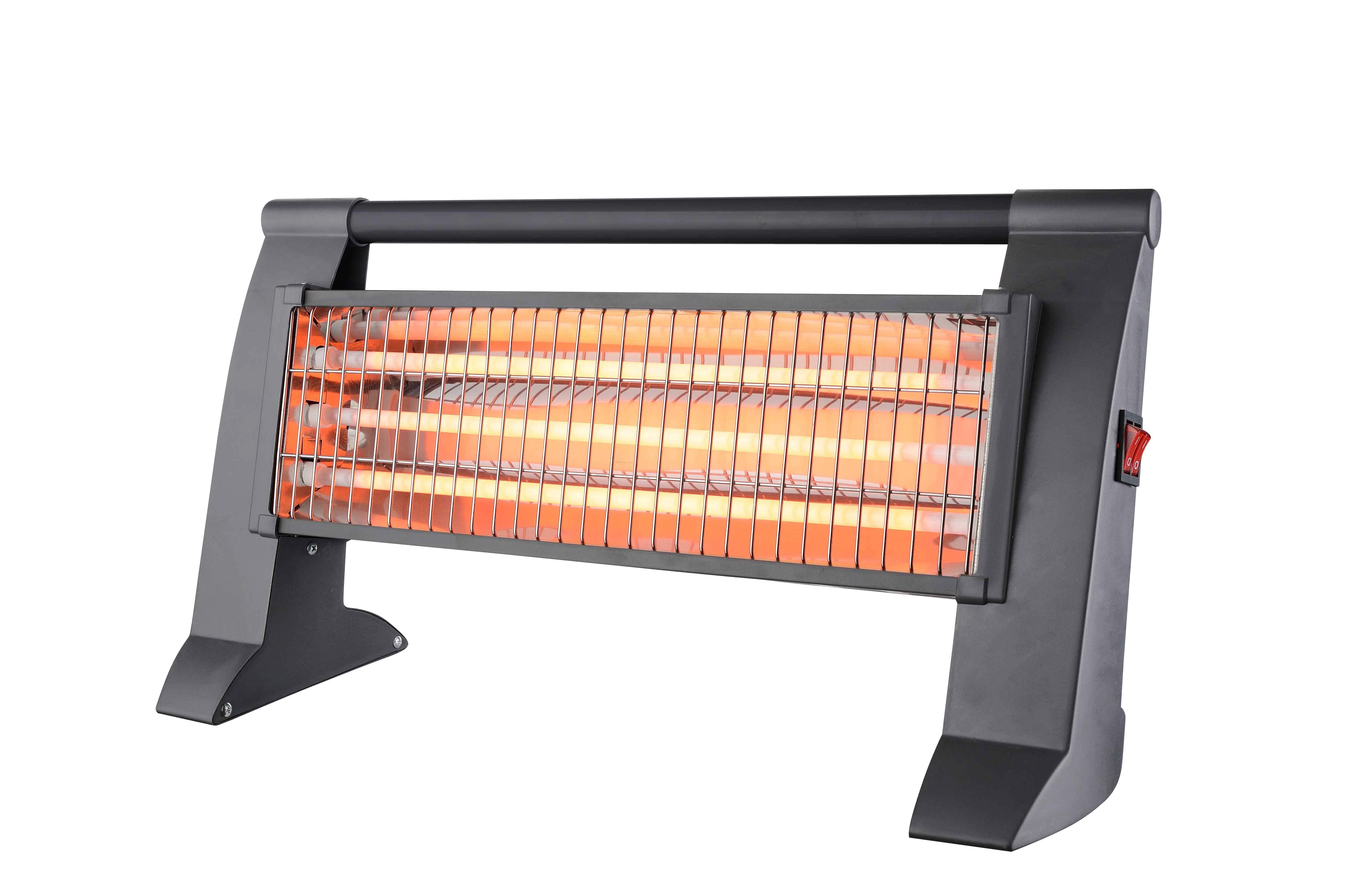 Calentador eléctrico negro con elementos calefactores naranjas. Tiene asa e interruptor rojo. La base es negra.