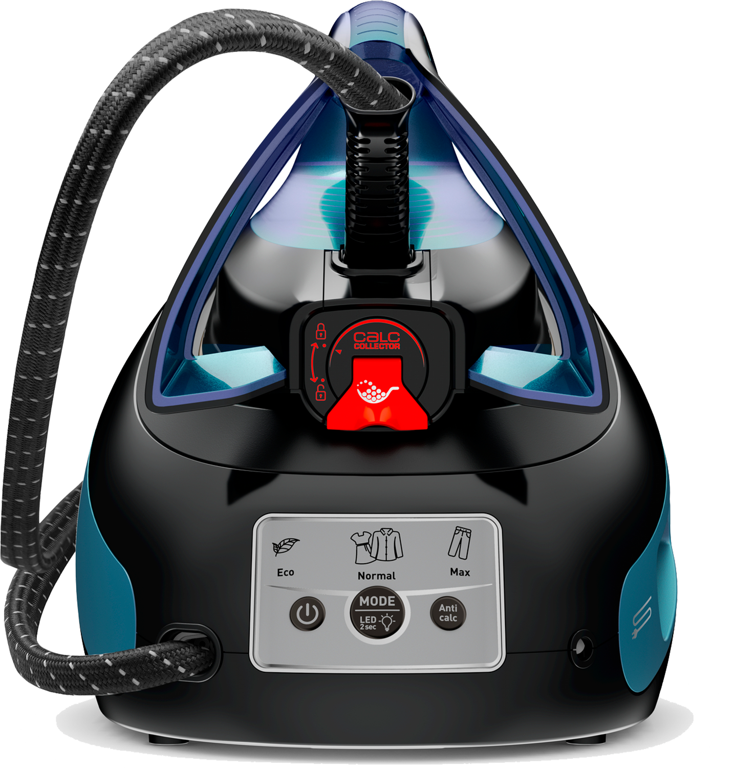 Czarno-niebieskie żelazko parowe, z przyciskami trybu i uchwytem. Dołączony jest szary wąż.