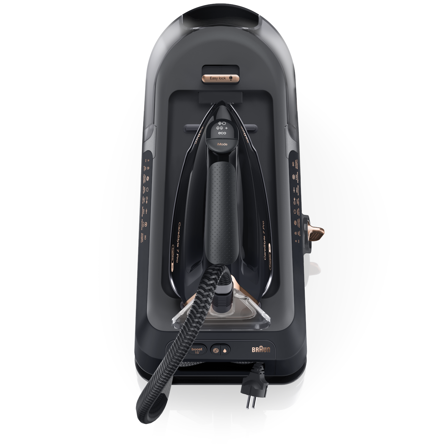 Czarne żelazko i stojak na białym tle, ze szczegółami żelazka.