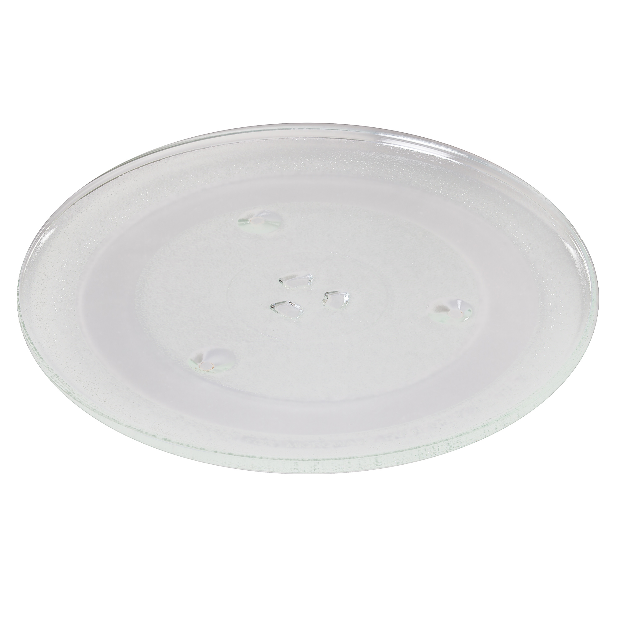 Runder, klarer Mikrowellenteller aus Glas mit drei kleinen erhabenen Bereichen.