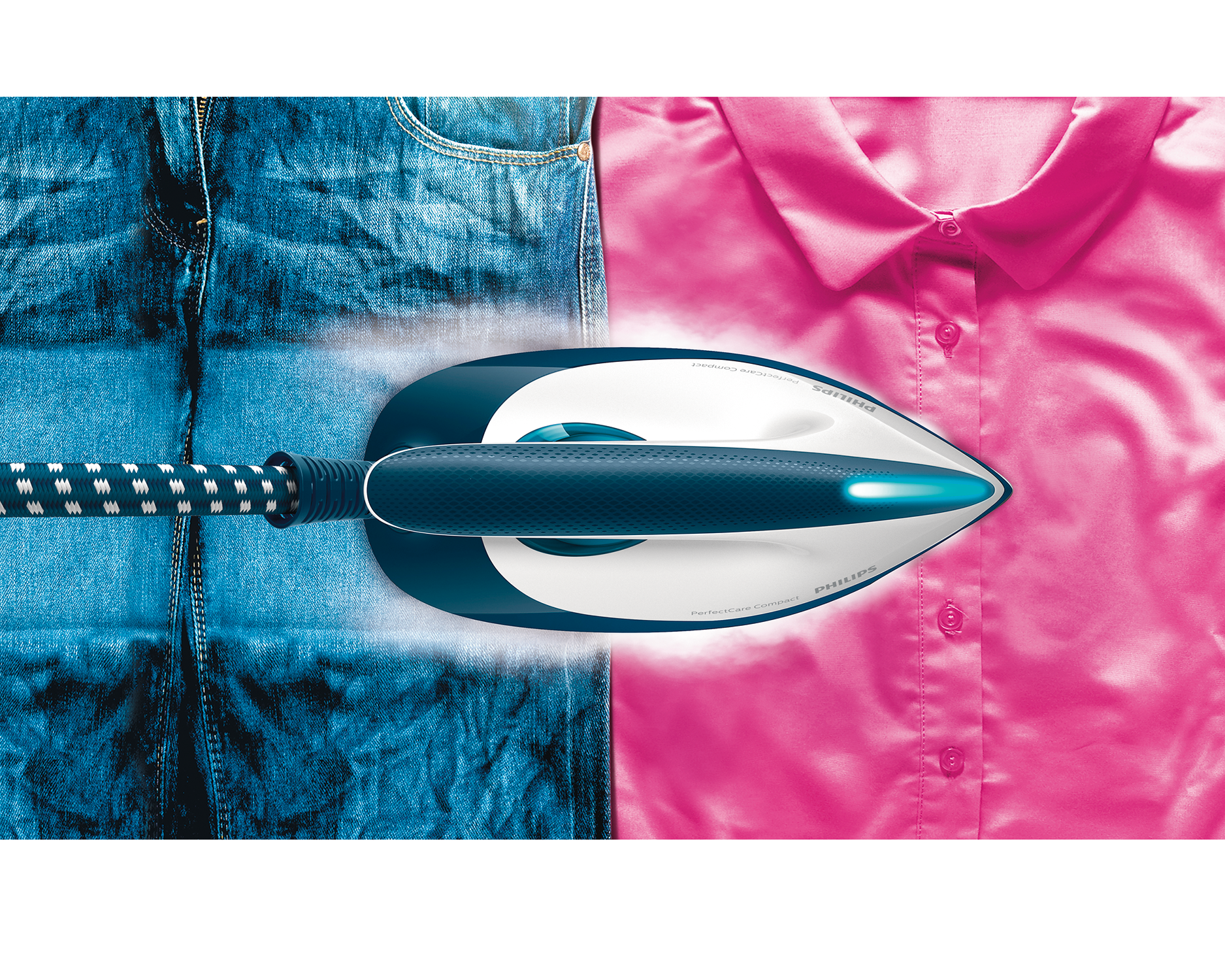 Iron ironing a blue jeans and pink shirt. Steam is coming out of the iron. The background is white.