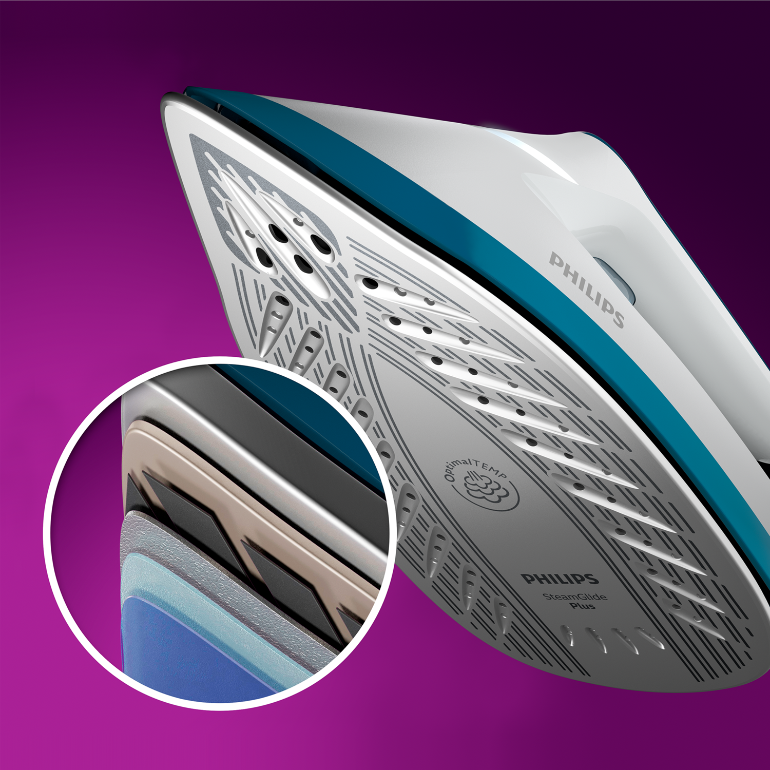 Nahaufnahme eines Philips-Bügeleisens mit Schichtdetails und einer Innenansicht der Schichten.