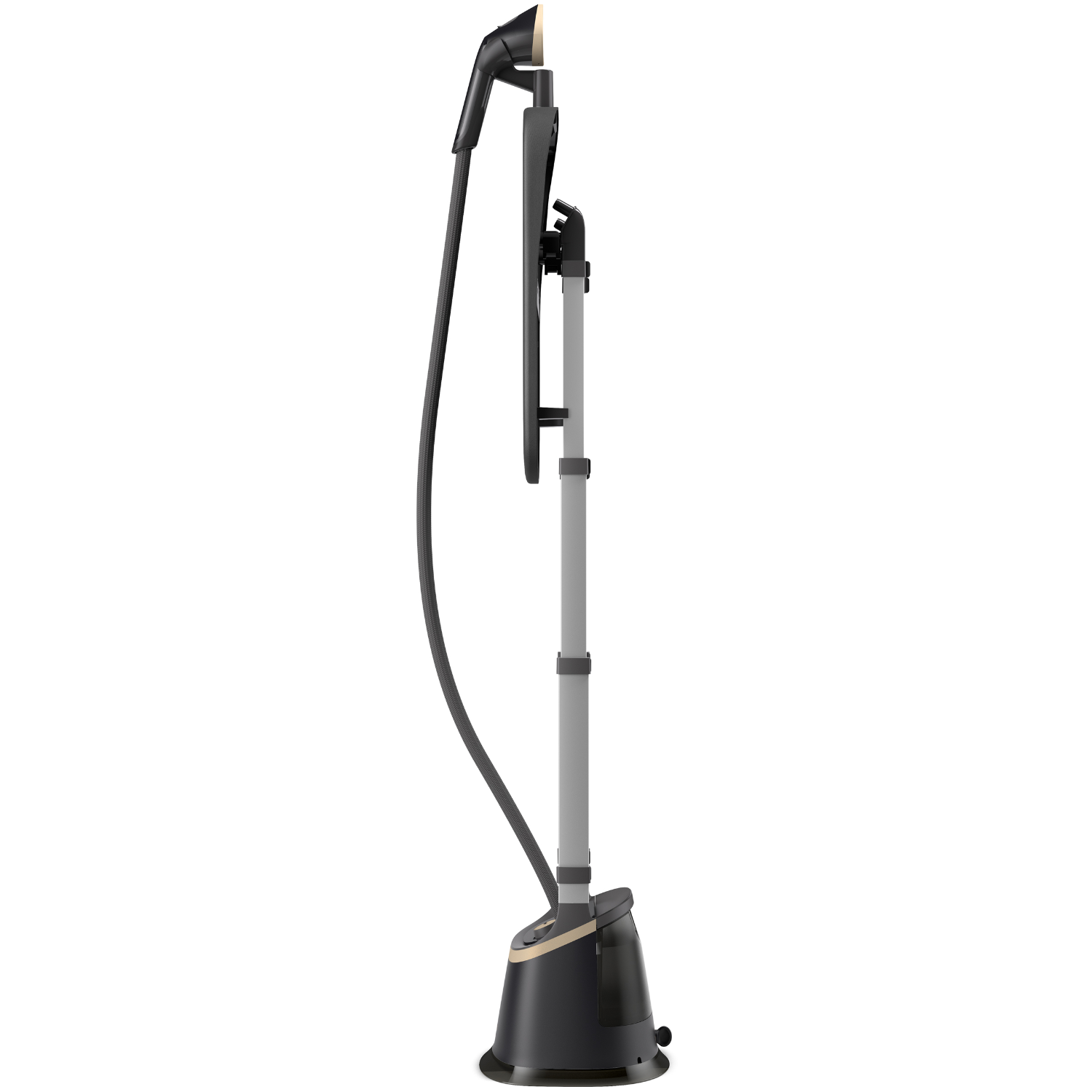 Clothes steamer. Black and silver with a gold handle. It stands on a black base. Side view.