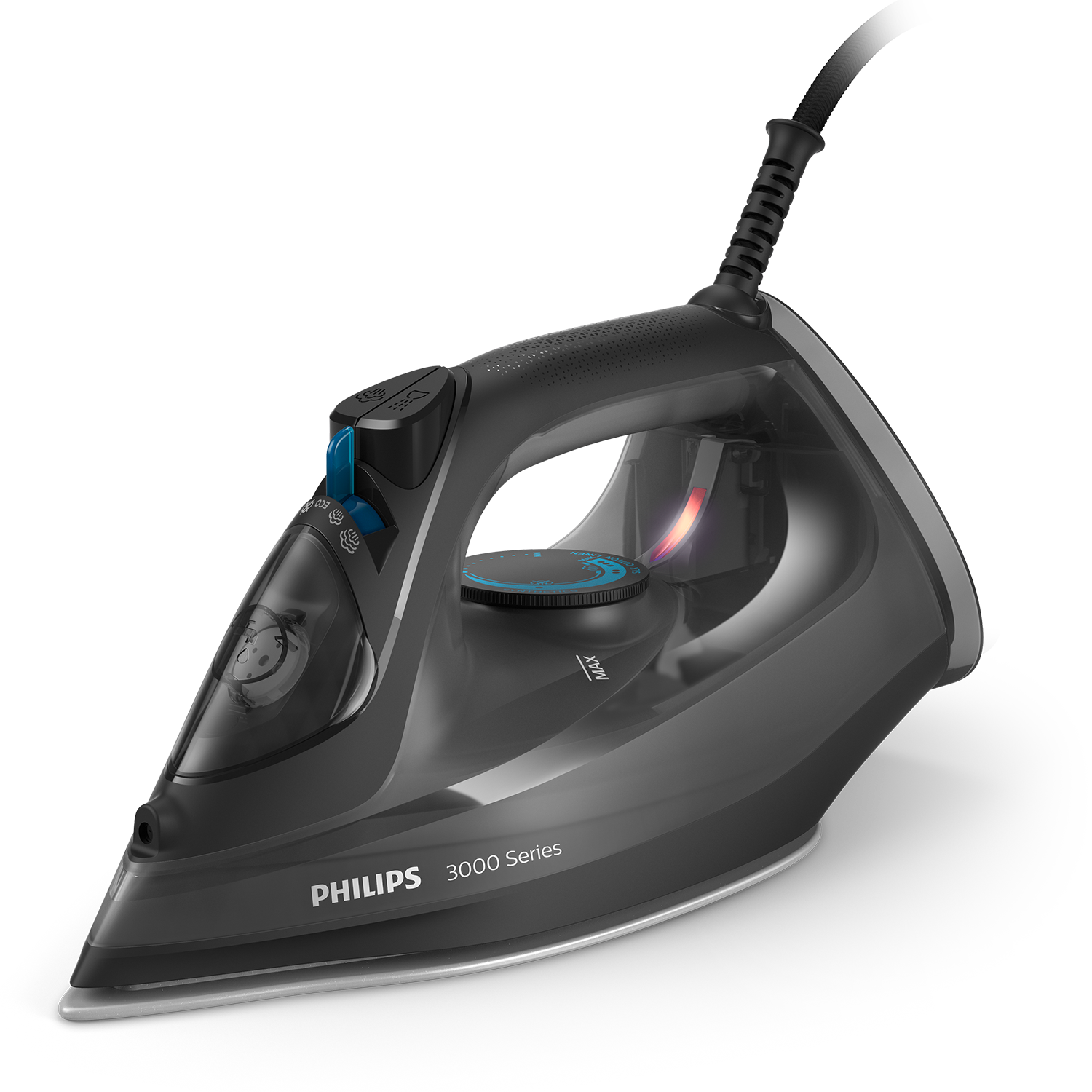 Czarne żelazko Philips z przezroczystym zbiornikiem na wodę. Żelazko jest na czarnym tle.