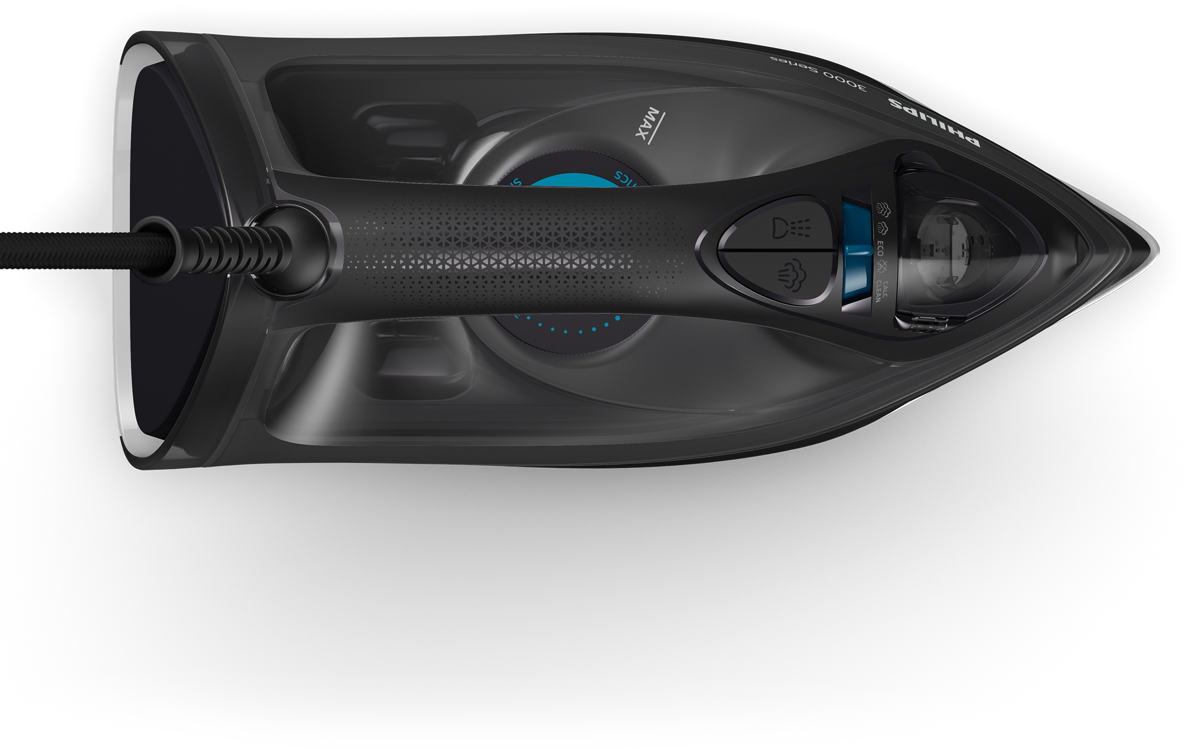 Czarne żelazko, widok z góry, z uchwytem i kontrolkami. Na czarnym tle.