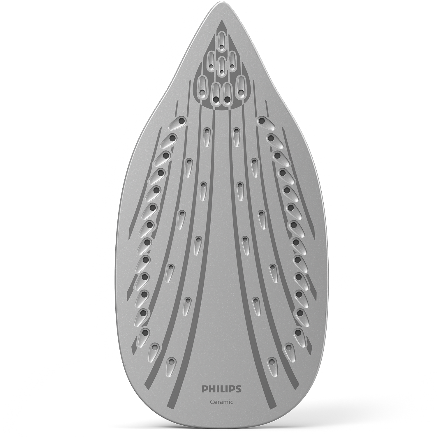 Szara ceramiczna stopa żelazka, widok z góry, z otworami na parę i logo Philips.