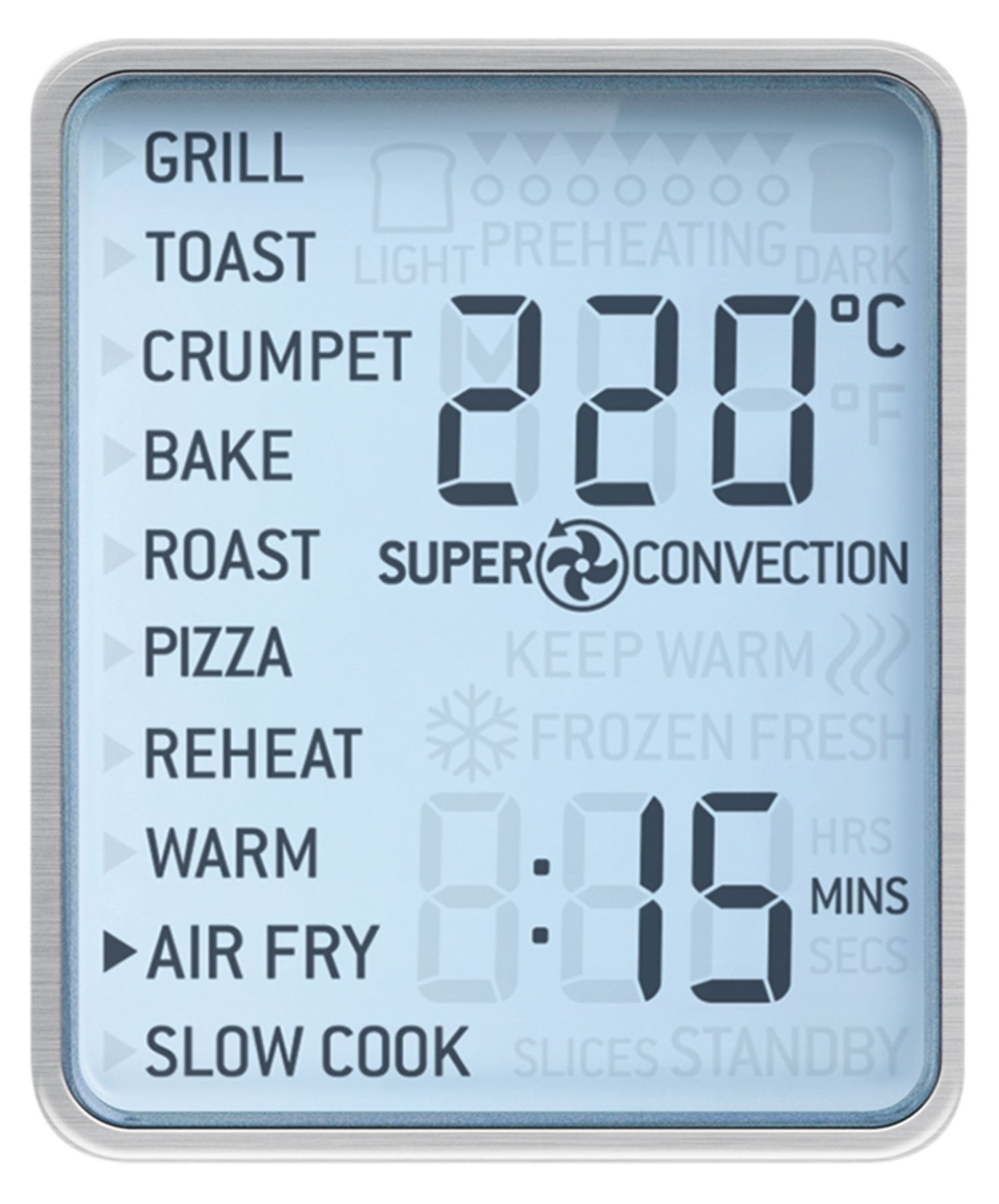 Eine digitale Anzeige, die Ofeneinstellungen einschließlich Temperatur, Zeit und Funktionen zeigt.