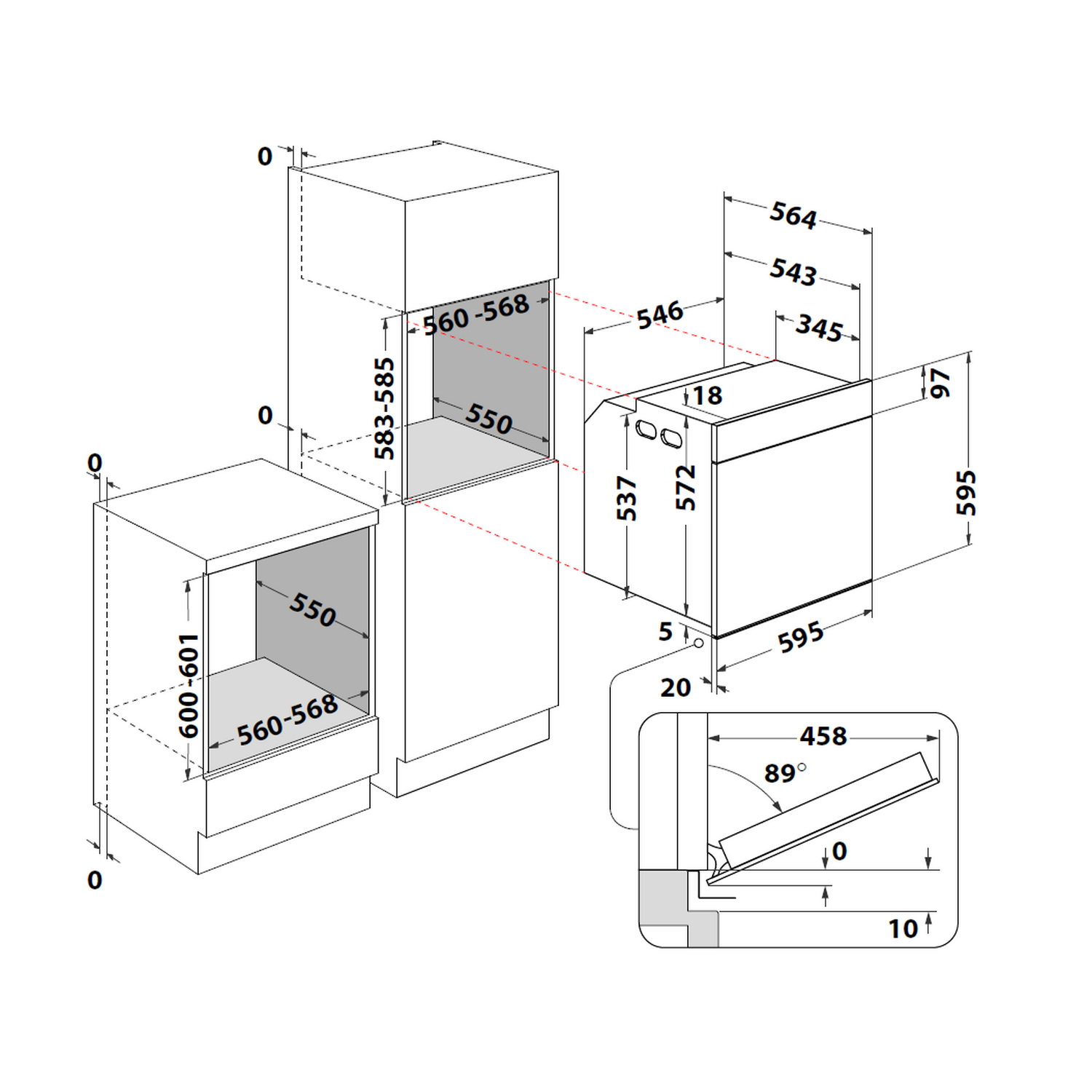 Dibujo técnico de una cocina con medidas para electrodomésticos empotrados.