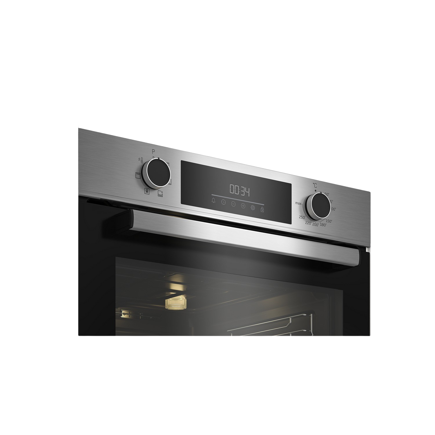 Panel de control del horno de acero inoxidable que muestra un temporizador y controles de temperatura.