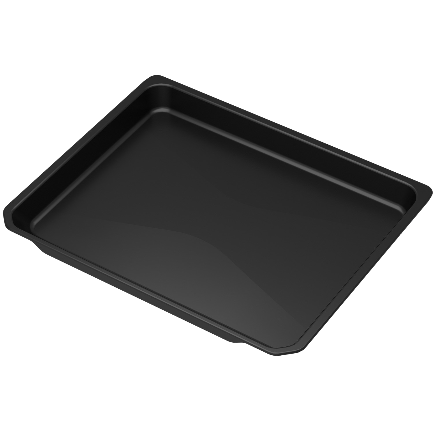 Bandeja de horno negra sobre fondo negro. La bandeja está vacía y tiene forma rectangular.