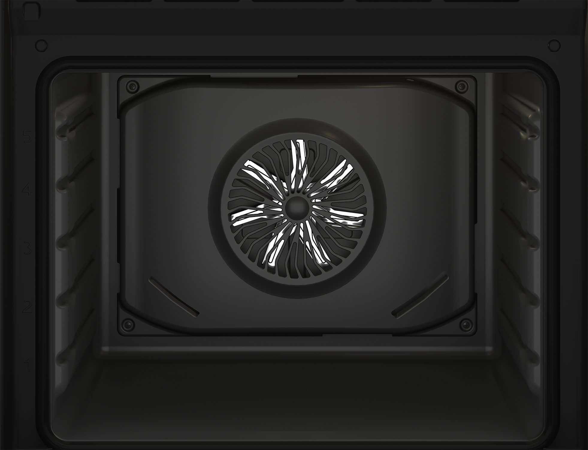 Wnętrze piekarnika z wentylatorem pośrodku. Czarne wnętrze z okrągłym wentylatorem.