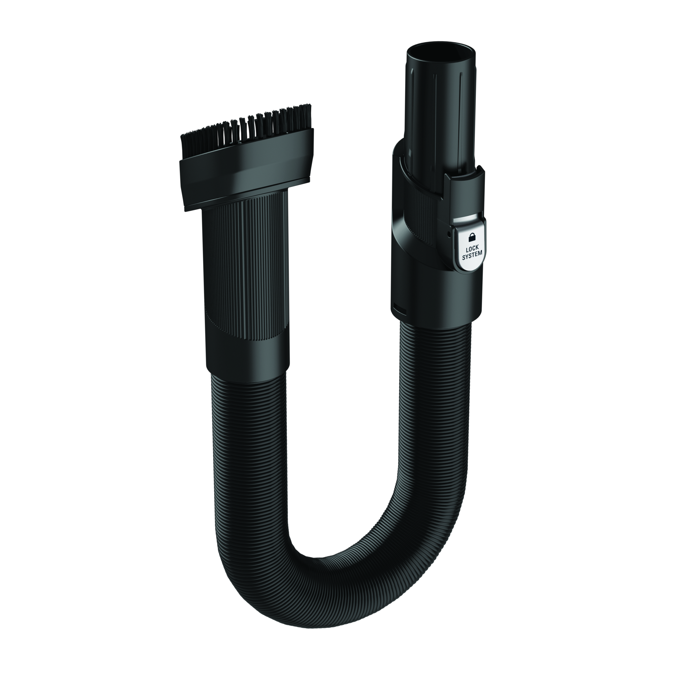 Czarny osprzęt do odkurzacza ze szczotką i elastycznym wężem. Czarne tło.