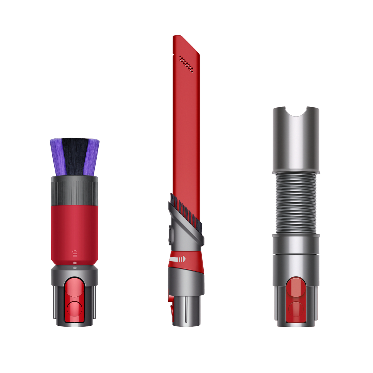 Trzy nasadki do odkurzacza w kolorach czerwonym i szarym na czarnym tle.