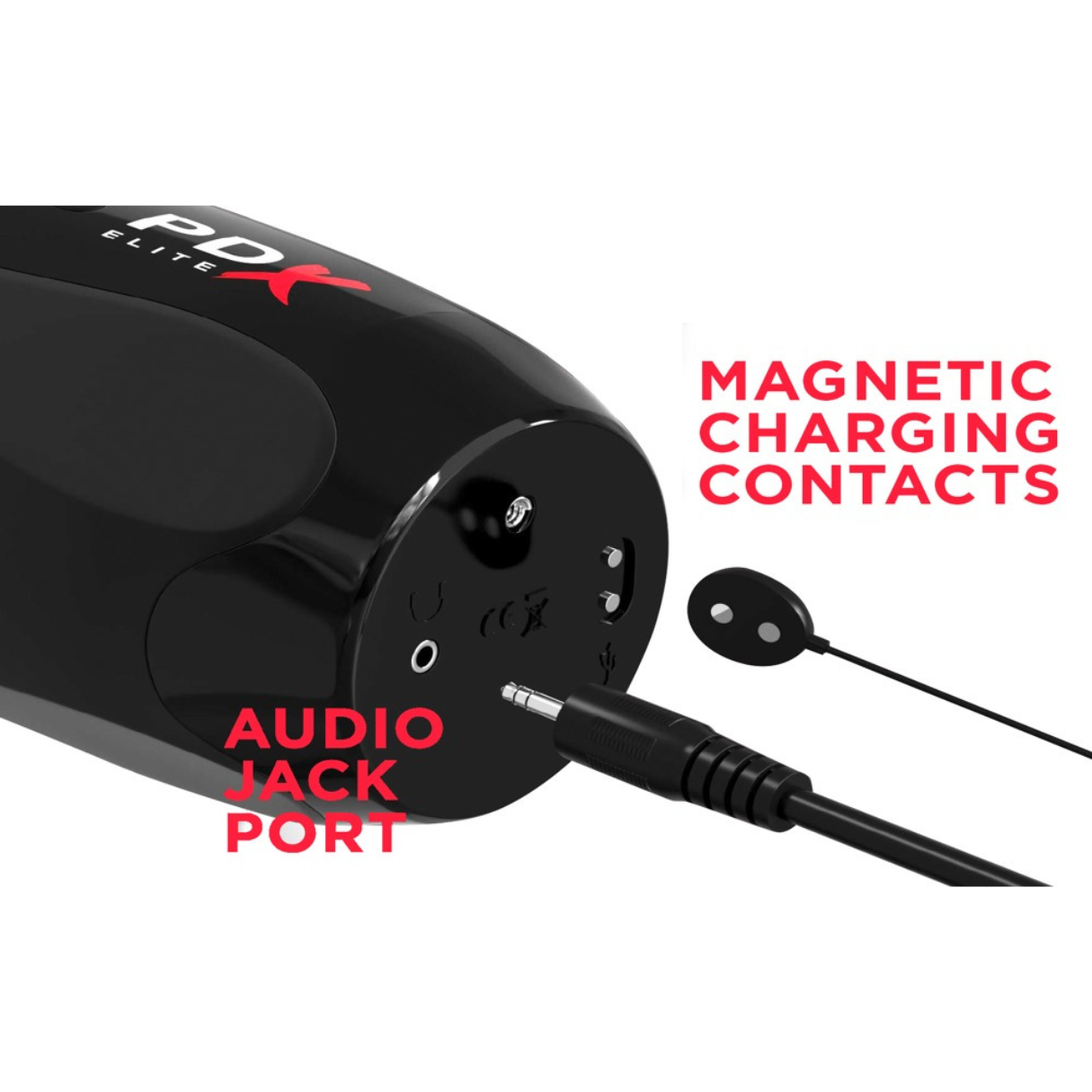 Schwarzes PDX Elite Gerät mit Audioanschluss, magnetischen Kontakten und Text.