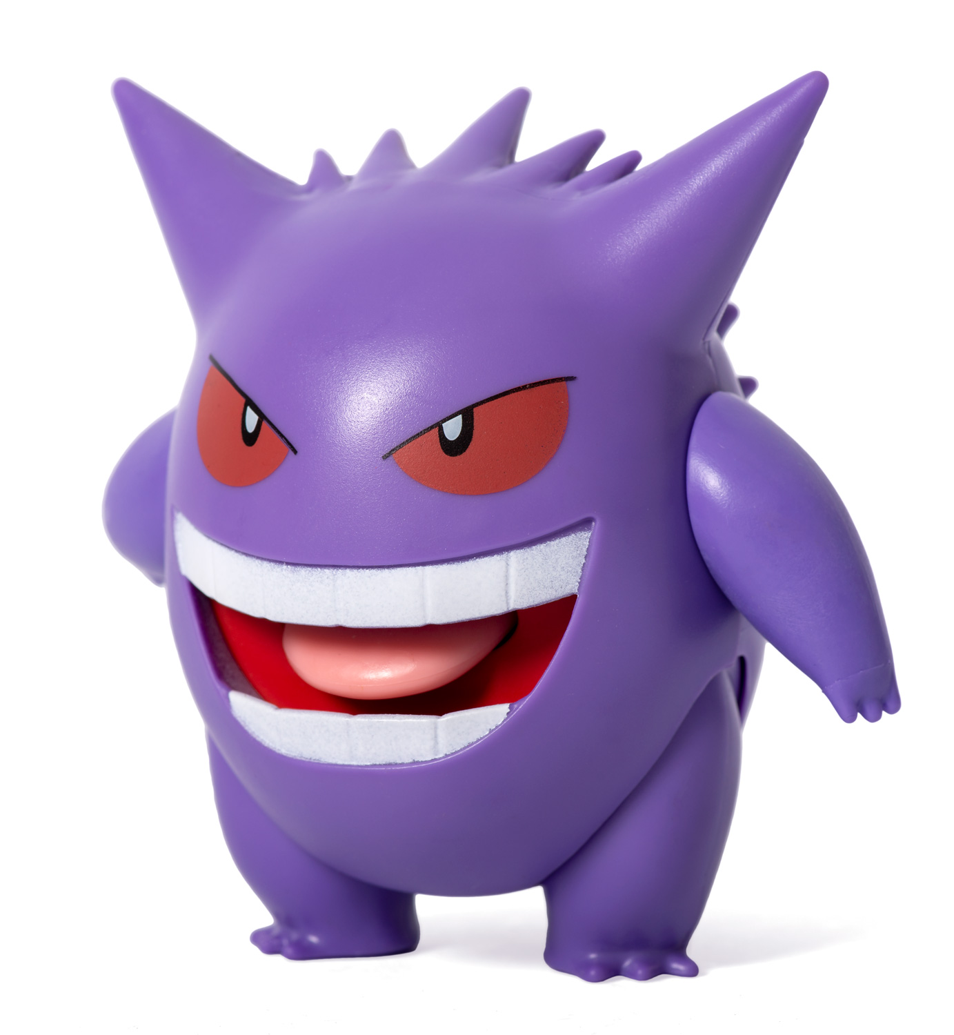 Eine lilafarbene Gengar-Figur mit roten Augen und einem breiten Lächeln, auf weißem Hintergrund.