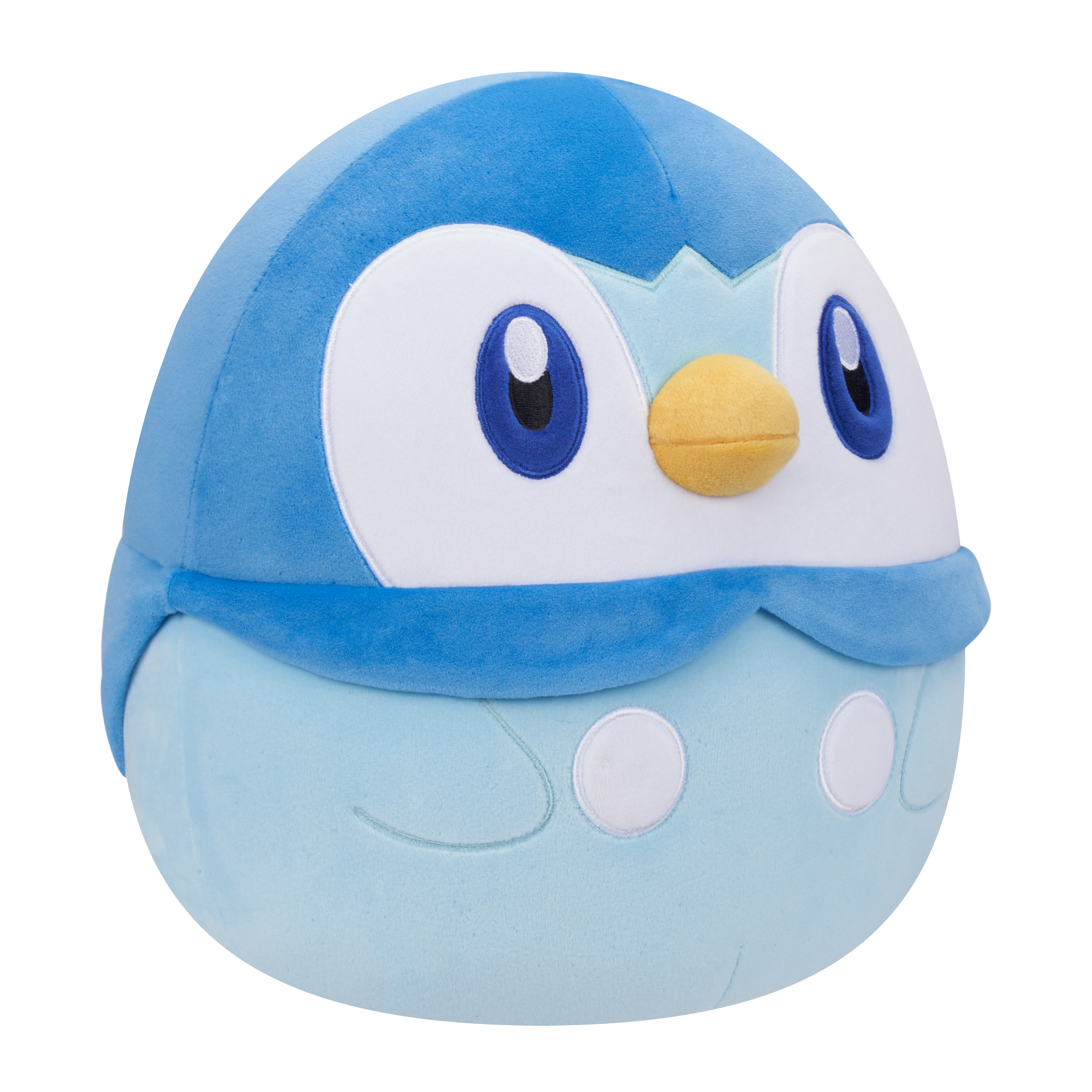 Blaues Piplup-Plüschtier. Es ist rund mit blauen, weißen und gelben Details.