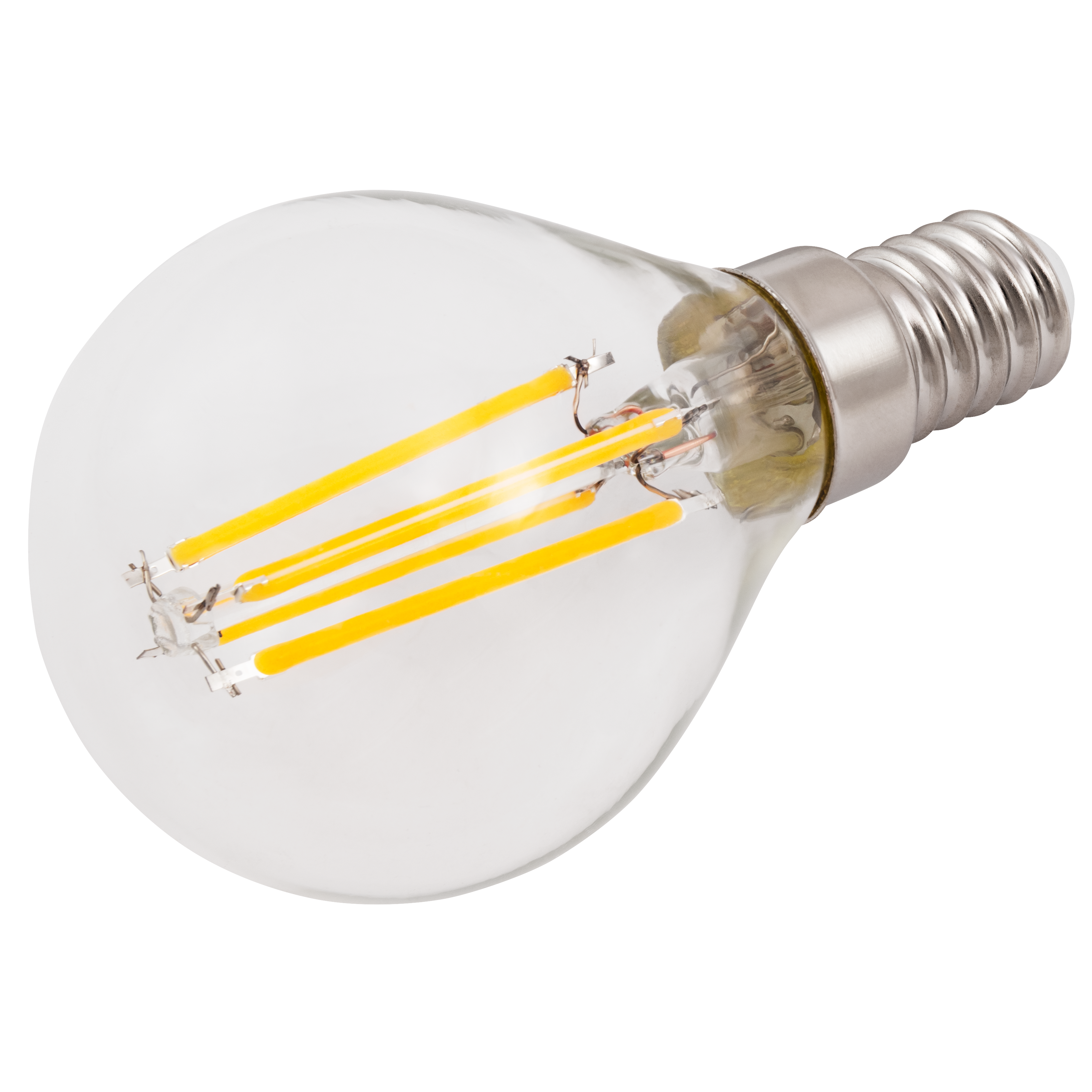 Klare Glasglühbirne mit vier gelben LED-Filamenten.