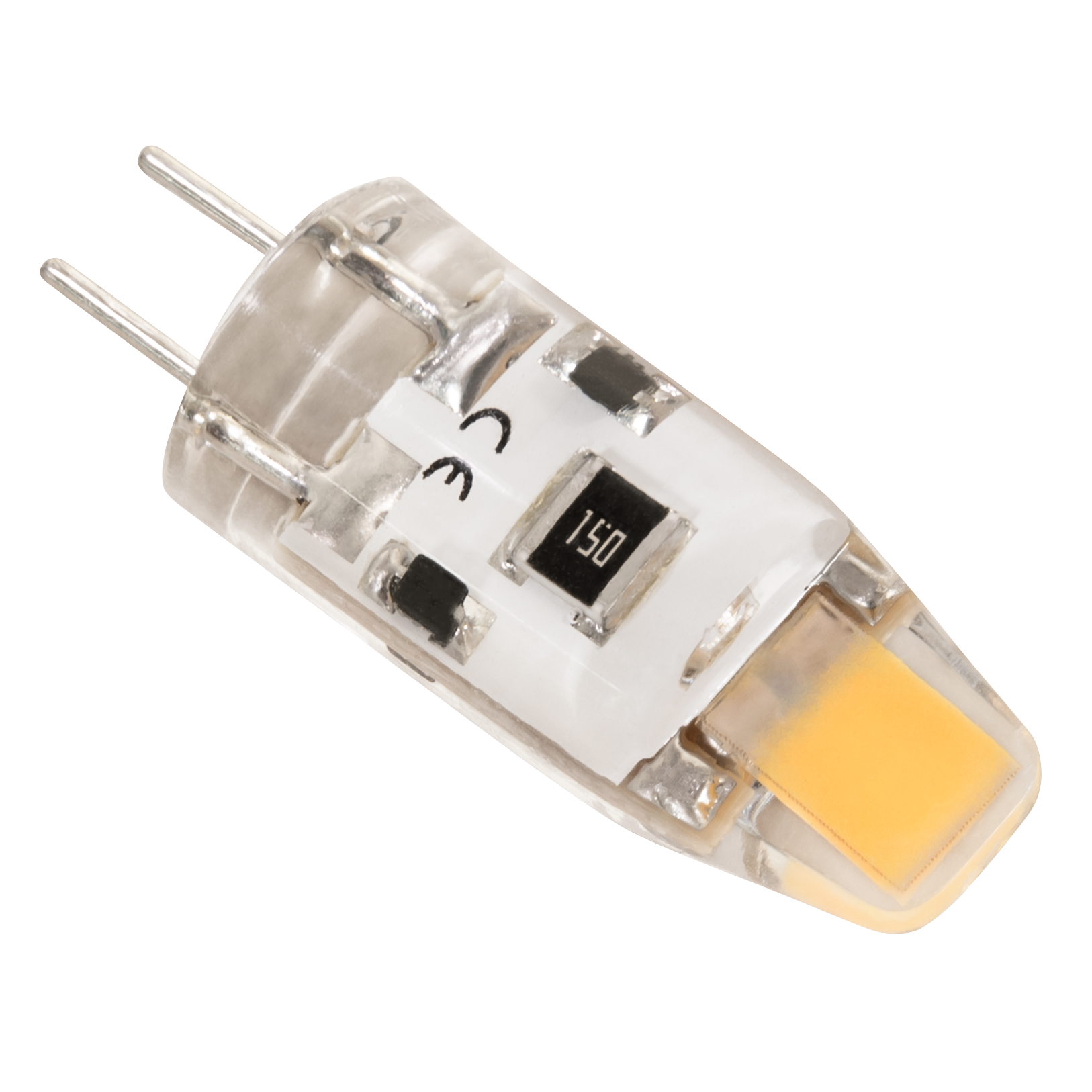 Eine LED-Glühbirne mit zwei Stiften und einem transparenten Kunststoffkörper auf schwarzem Hintergrund.