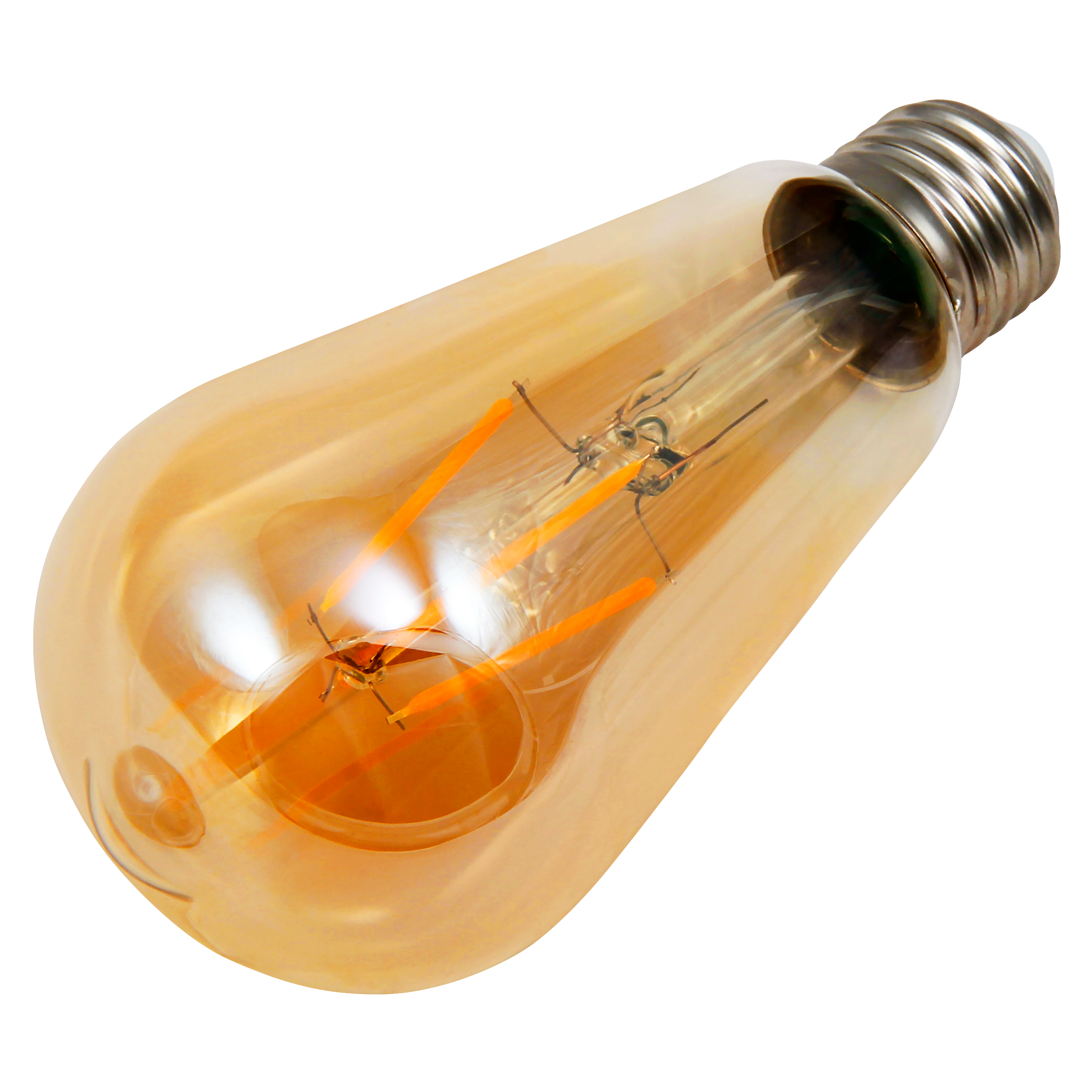 Eine Edison-Glühbirne mit bernsteinfarbenem Glas, mit sichtbaren Glühfäden.