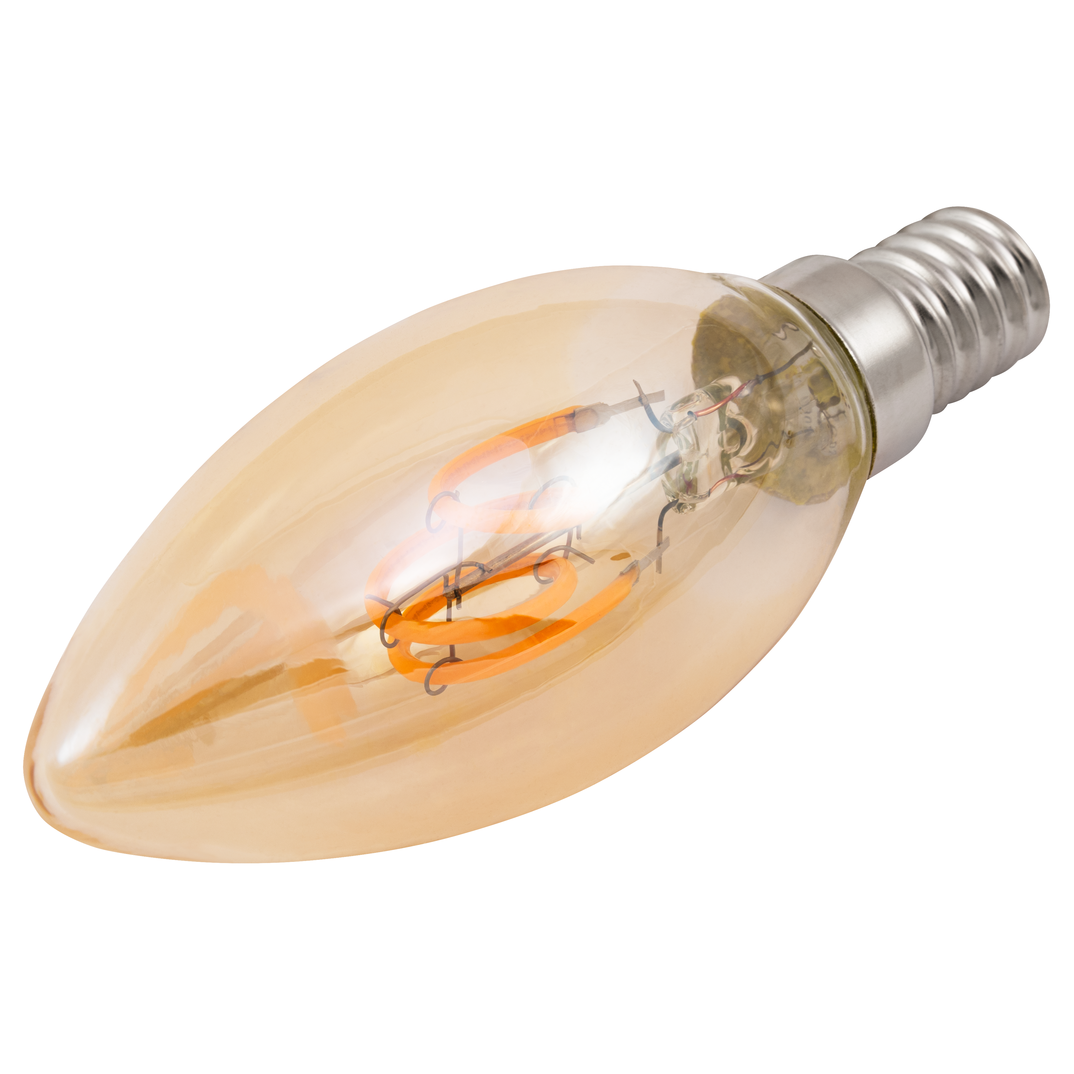 Eine gelbe Glühbirne mit einem orangefarbenen Glühfaden.